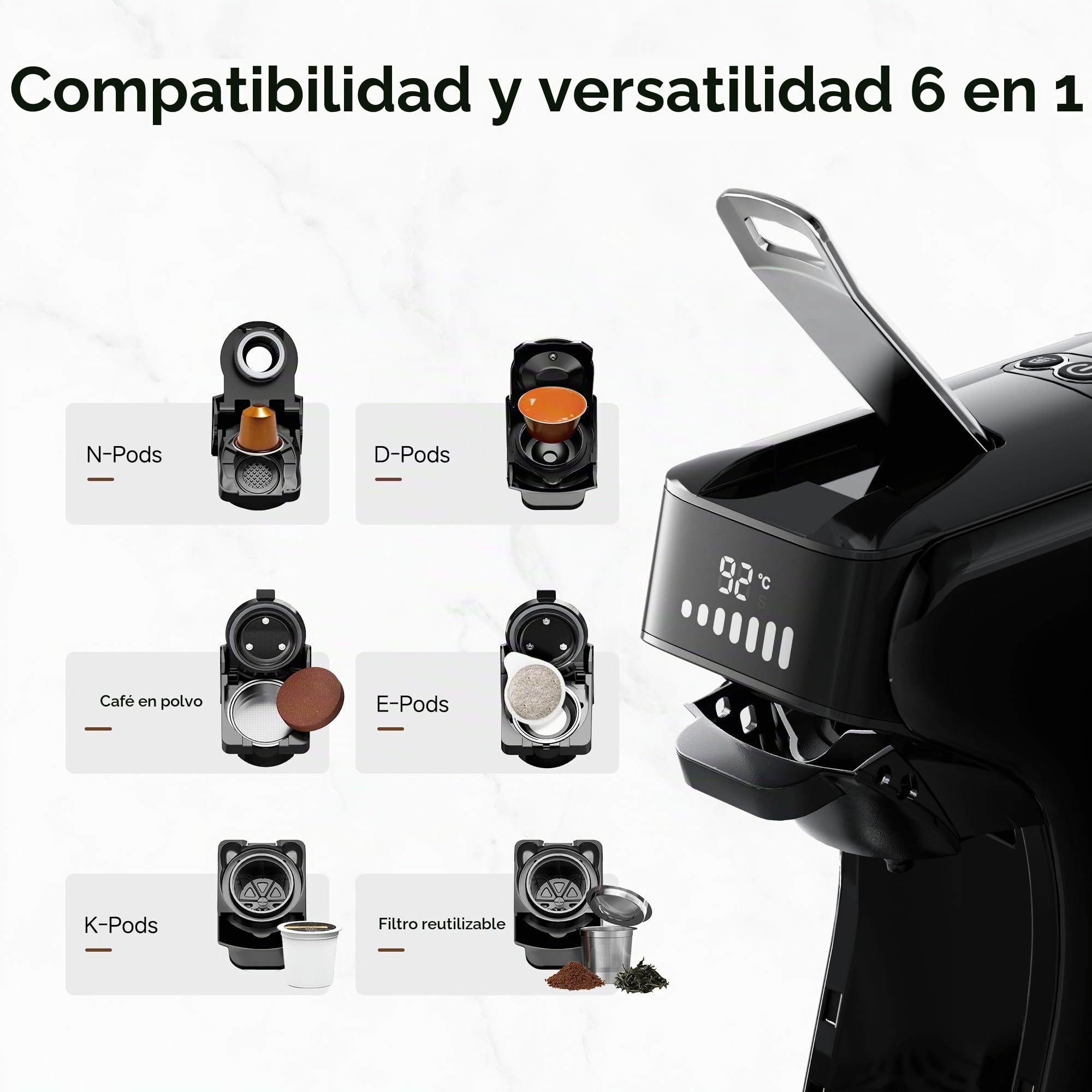 HIBREW H1B Cafetera 6-en-1, Máquina de Café Cápsulas 20 Bar | Compatible con Kcup*/Ns*/DG*/Café Molido, Modos Caliente/Frío con Indicador LED, Ahorro Energético y Protección Anti-sequía