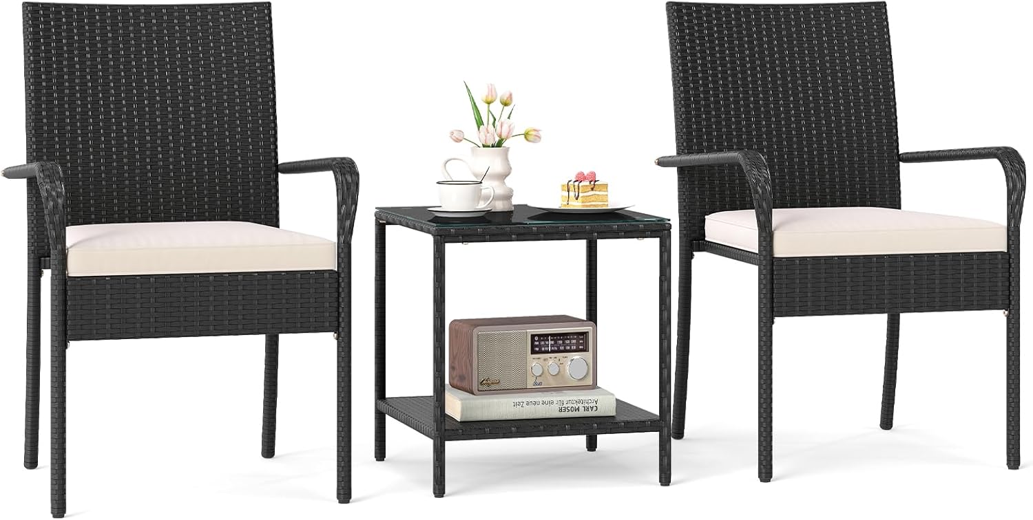 Tangkula 3 Pieces Patio Furniture Set, PE Rattan Outdoor Cushioned Conversation Chairs with 2-Tier Tempered Glass Tabletop Table, for Balcony, Garden and Poolside (Off White)