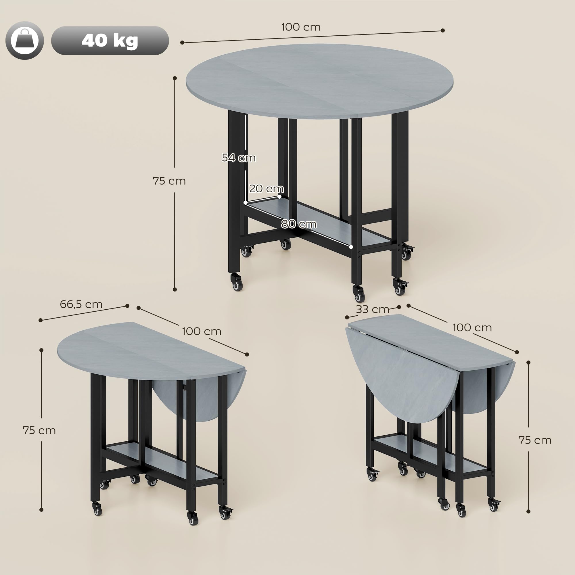 HOMCOM Table à Manger Pliante sur roulettes 100x100x75 cm Gris Ciment