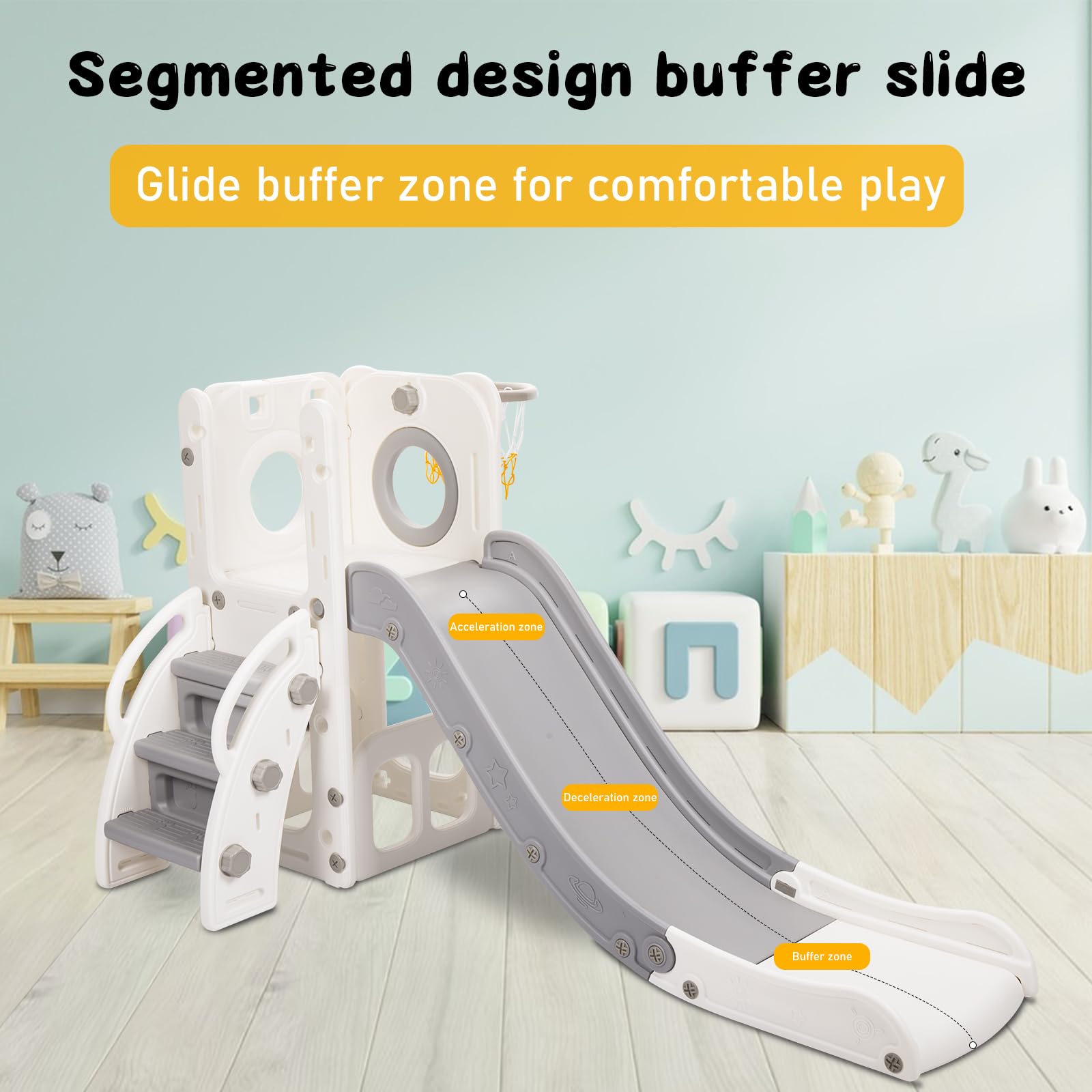 HLC Kinder-Rutsche mit Rutsche 140 cm und Basketballkorb, Kinderspielplatz-Stil, Beige, für Kinder von 1 bis 3 Jahren