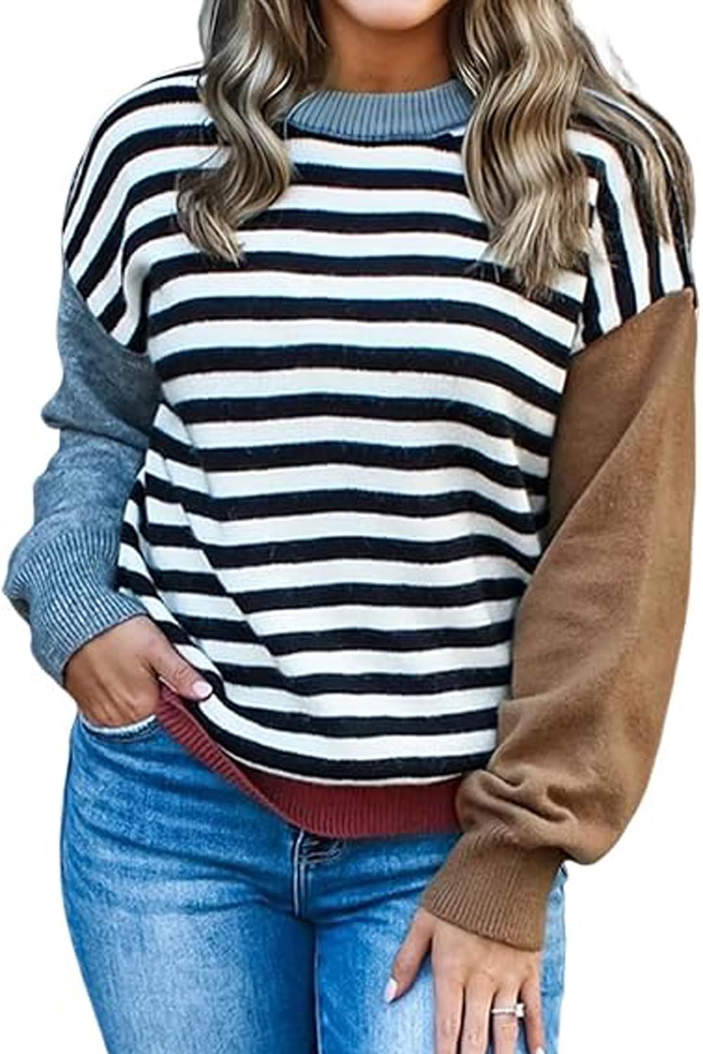 SELINK Womens Casual Striped Panels Colorblock Sweater Chic Long Sleeve Round Neck Daily Pullover Sweater Tops
