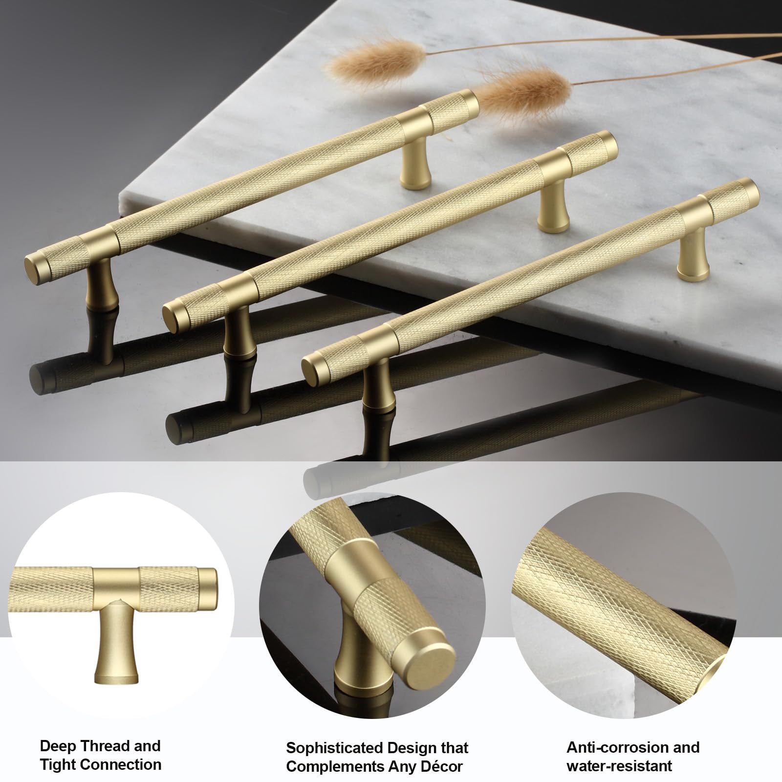 AITITAN 10 Pack Gold Kitchen Handles - Knurled, 192mm Hole Spacing (245mm Length), Cupboard, Wardrobe and Drawer Handles - Image 4