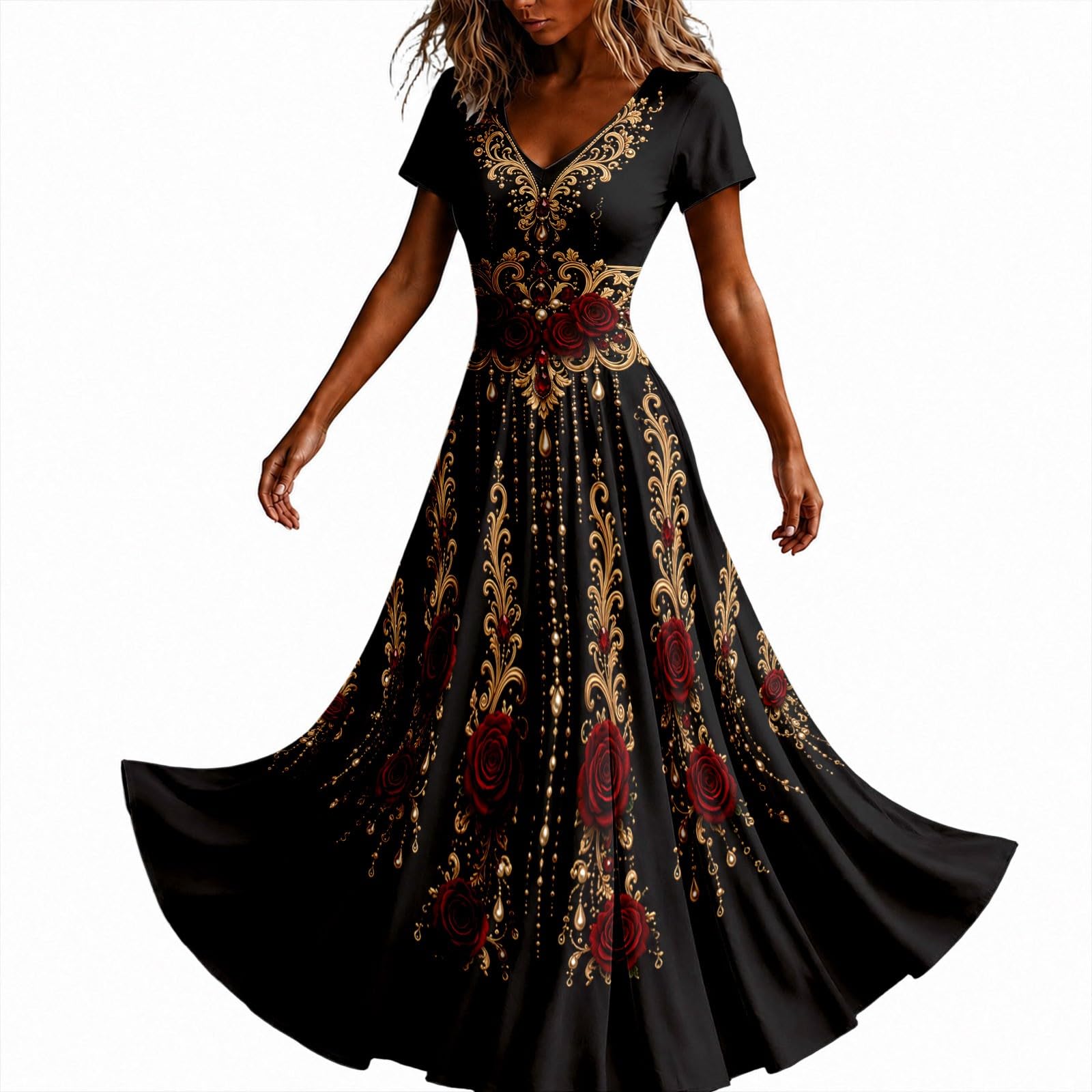 Halloween Dresses for Women UK Ladies Gothic Dress Skeleton Print Costume Short Sleeve V Neck Plus Size Costumes Scary Funny Skeleton Printed Halloween Elegan Flowy Maxi Dress Cosplay Party