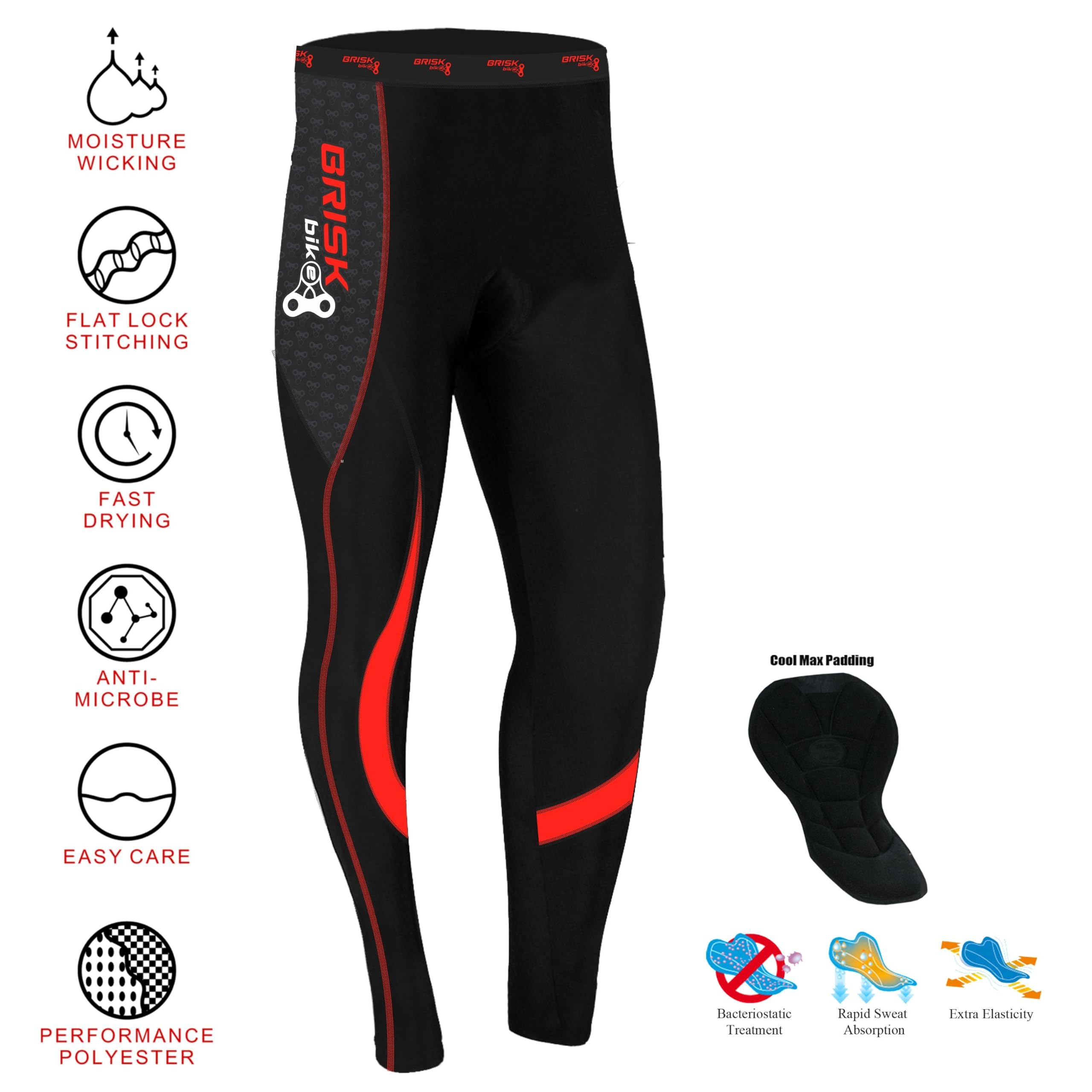 Brisk Bike Pantalon Cycliste Homme Long Collants de Cyclisme rembourrés Cool Max Extensibles avec Coutures Flatlock | Leggings Thermiques pour Le Cyclisme