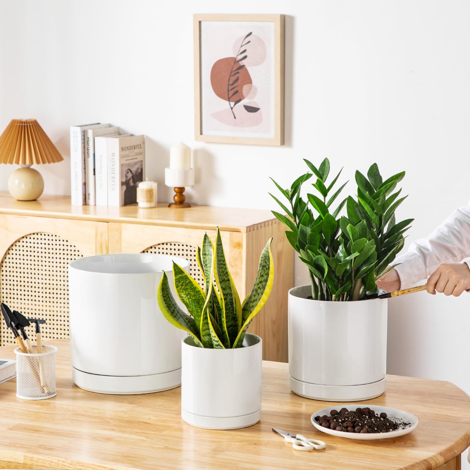 Macetas de cerámica para plantas de interior, macetas de cerámica de 6.25 + 8.25 + 10.25 pulgadas para plantas, macetas con agujeros de drenaje, macetas para plantas de interior de casa 5
