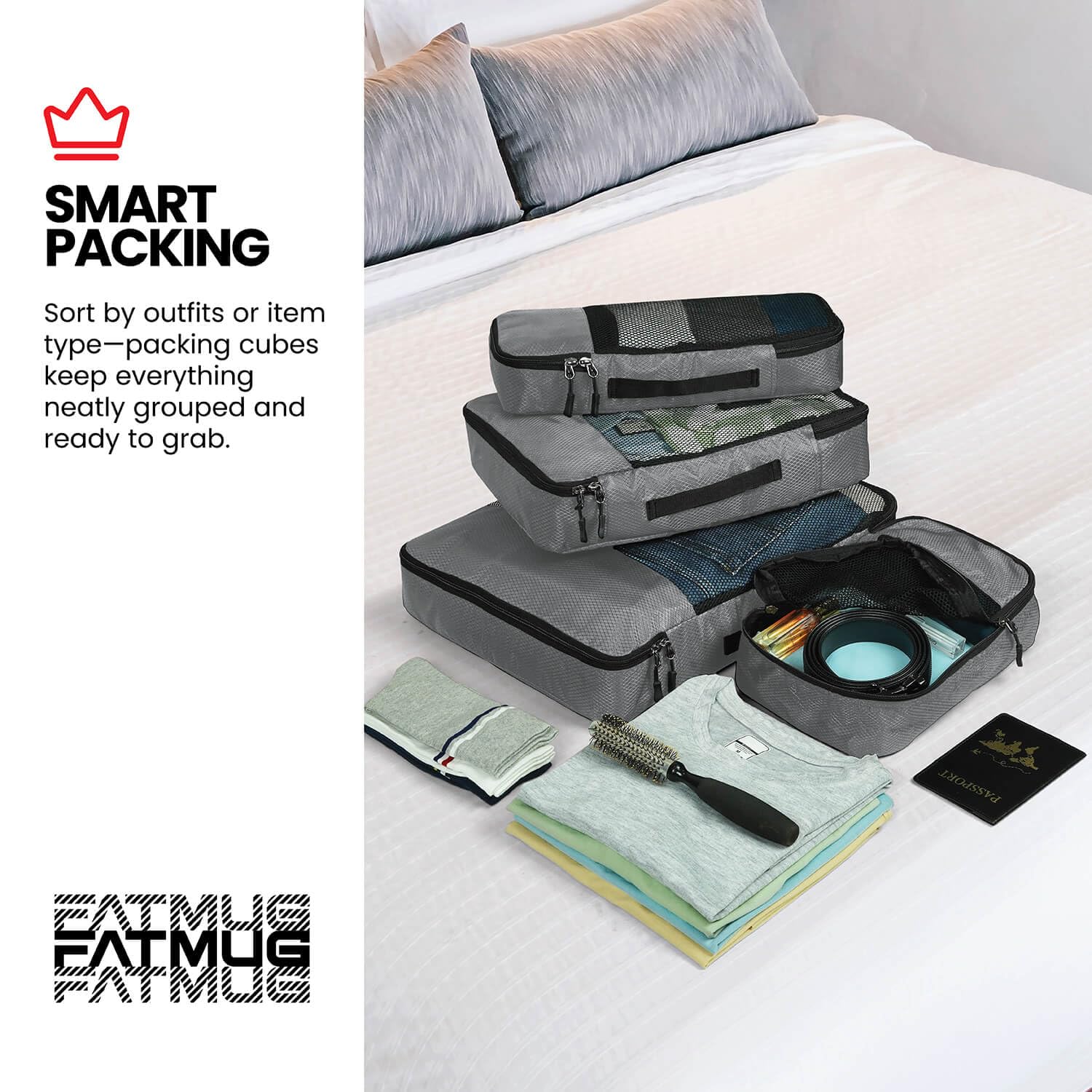 FATMUG Polyester Packing Cubes Travel Bag Organiser Set Of 6 (1 Large, 2 Medium, 2 Small And 1 Slim) -Grey 3