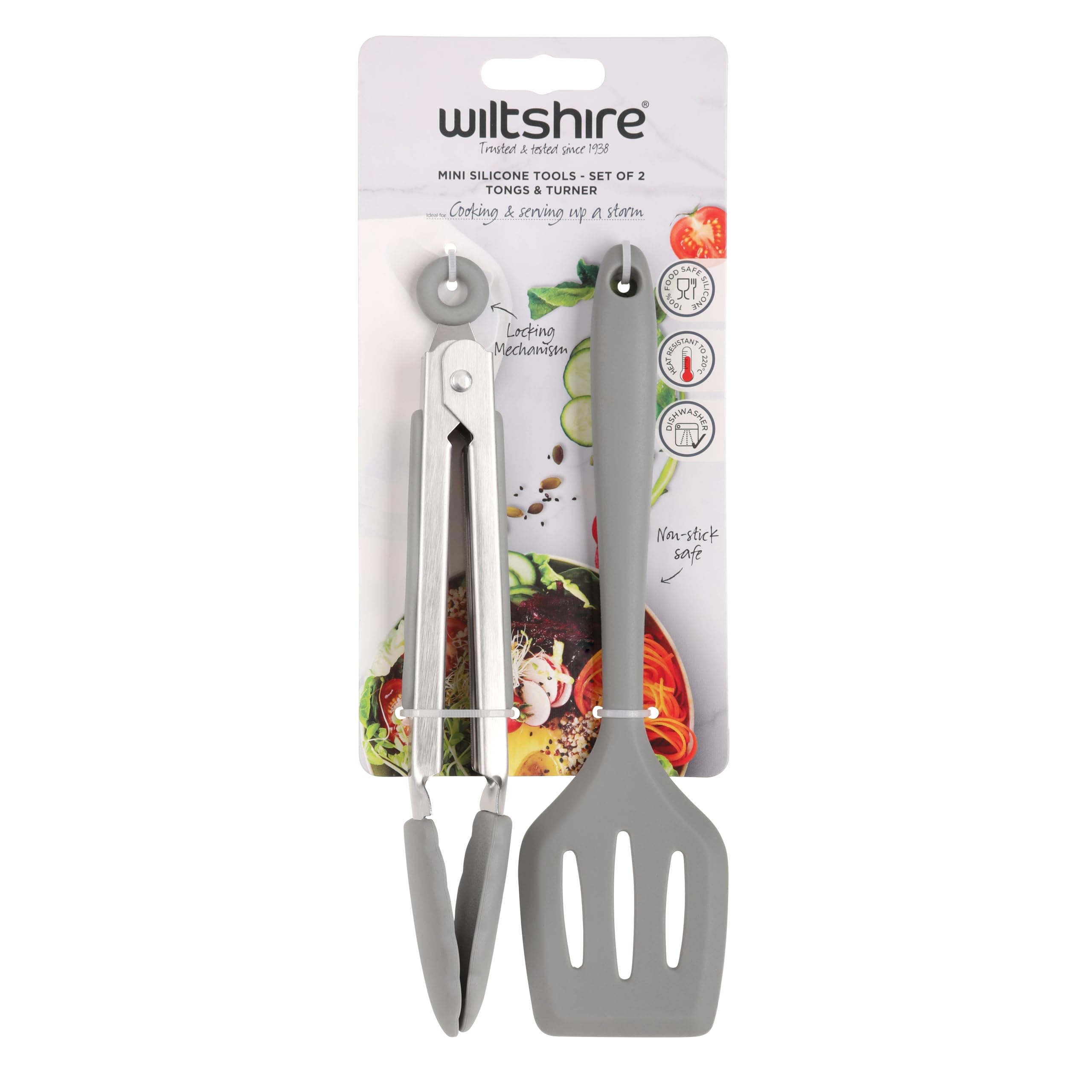Wiltshire Silicone Mini Kitchen Tongs & Turner, Set of 2, Serving Spatula & Cooking Tongs, Salad BBQ Tongs Stainless Steel, Fish Slice, Heat-Resistant Utensil, Non-Stick, Non-Scratch, Pebble Grey - Image 4
