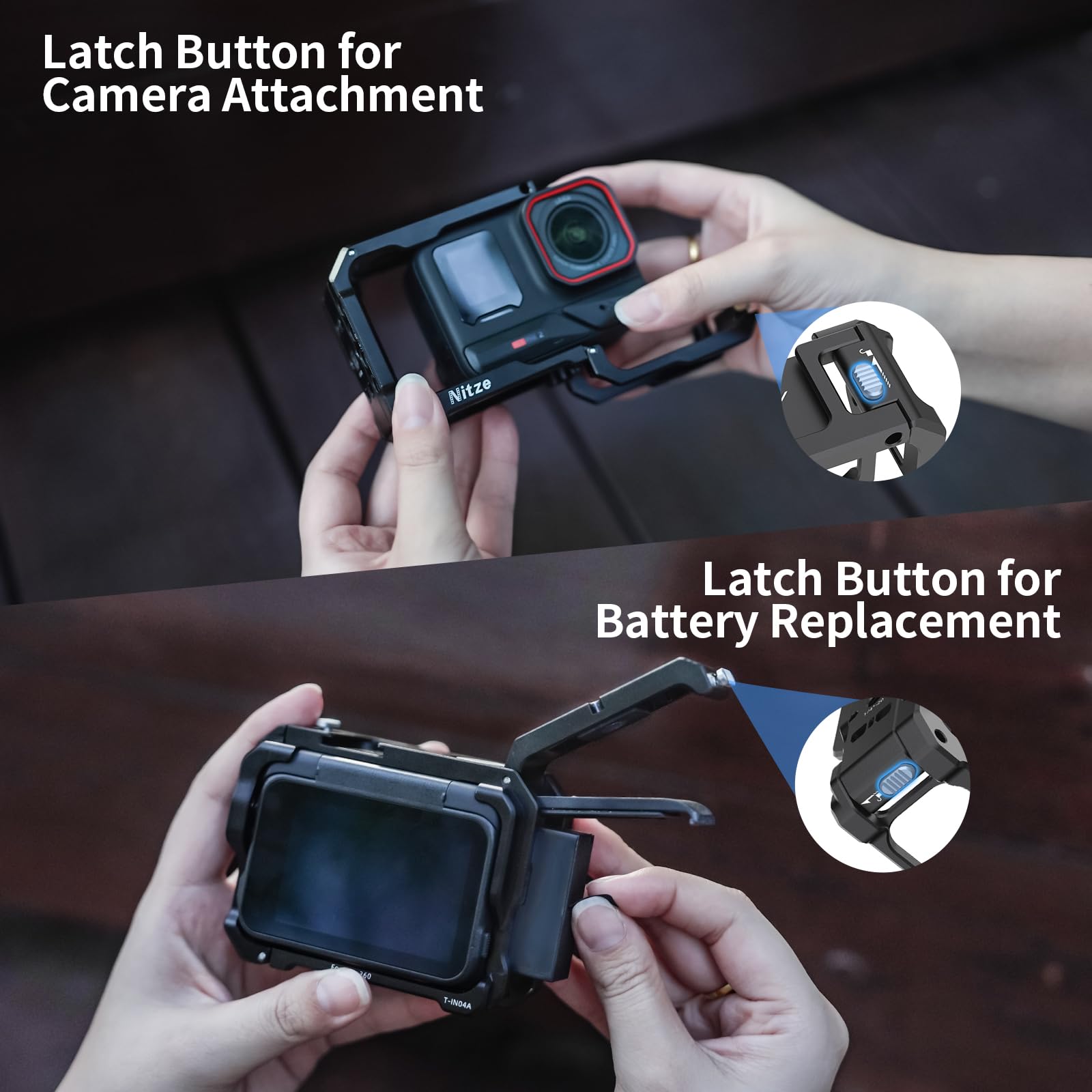 Nitze Cage pour Caméra Insta360 Ace Pro 2/ Ace Pro/Ace, Ace Pro 2 Cage avec Griffe Intégrée, Bouton d'Obturateur, Prise de Vue Verticale et Horizontale - T-IN04A