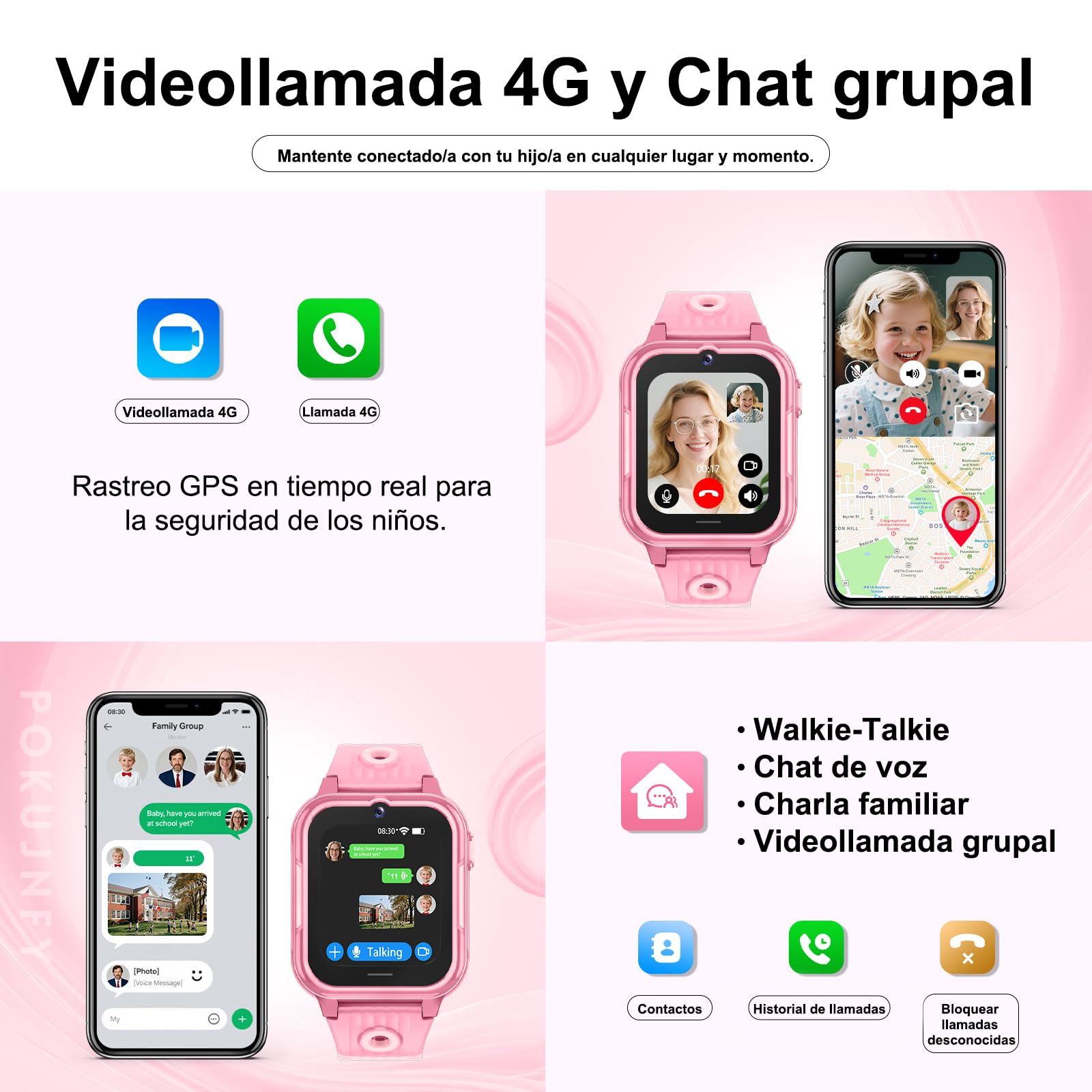 4G Reloj Inteligente Niño GPS y Llamadas Videollamadas Teléfono SOS Whatsapp Juegos Cámara Podómetro Modo Escuela Despertador Digital Impermeable Regalo para Smartwatch Niños Niña