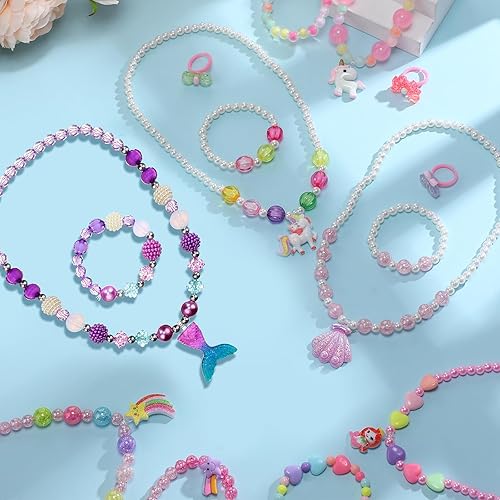 Vista 31 de Sumind 6 juegos de joyas para niñas pequeñas, collar y pulsera de cuentas para bebés, regalos de joyería de disfraces, regalos de fiesta de princesa