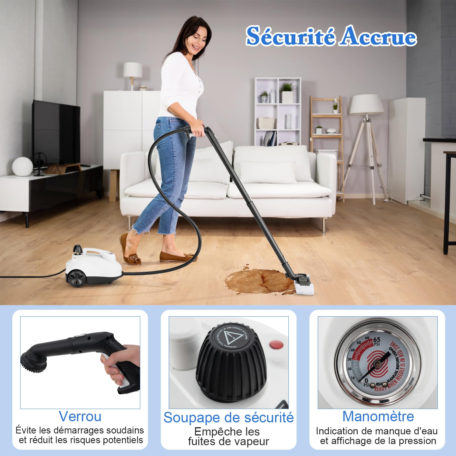 COSTWAY Nettoyeur Vapeur Portable de 2000W Roulante, Machine à Nettoyer à Vapeur Pression Haute de 5 Bars avec Accessoires & Réservoir de 1,8 L, pour Sol Fenêtre Verre Tapis (Blanc)