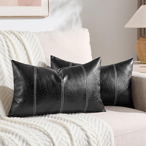Fancy Homi - Paquete de 2 fundas de almohada decorativas negras lumbares largas de cuero sintético de 12 x 24 pulgadas para sofá, cama, sala de