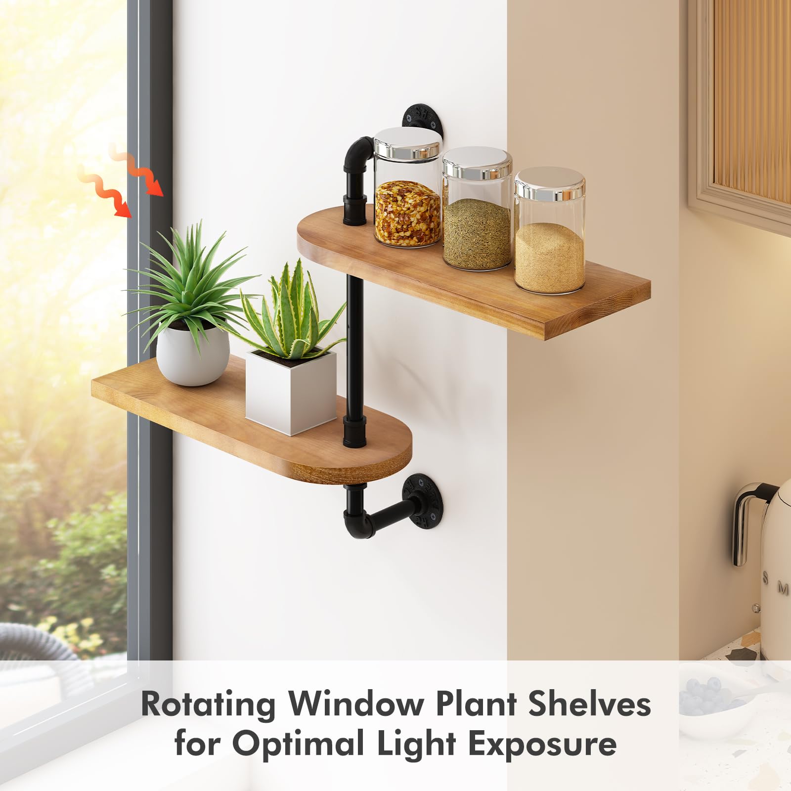 Estante giratorio de 2 niveles para plantas, soporte de madera para plantas de interior, soporte para plantas de pared, exposición óptima a la luz para múltiples plantas de interior, mejora la 5