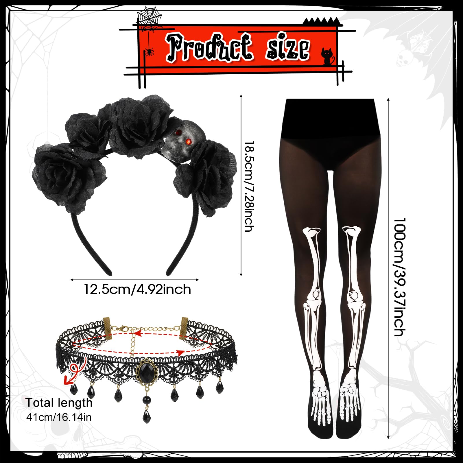 DPKOW Day of the Dead Headband Face Tattoo Gems Skeleton Tights Necklace Day of the Dead Costume Accessories Women - Image 2