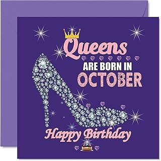 Birthday Cards for Women - Queens Are Born In October - Happy Birthday Cards for Wife Girlfriend Mum Daughter Sister Grandma Auntie Grandmother Friend, 145mm x 145mm Humour Greeting Cards Gift Ideas