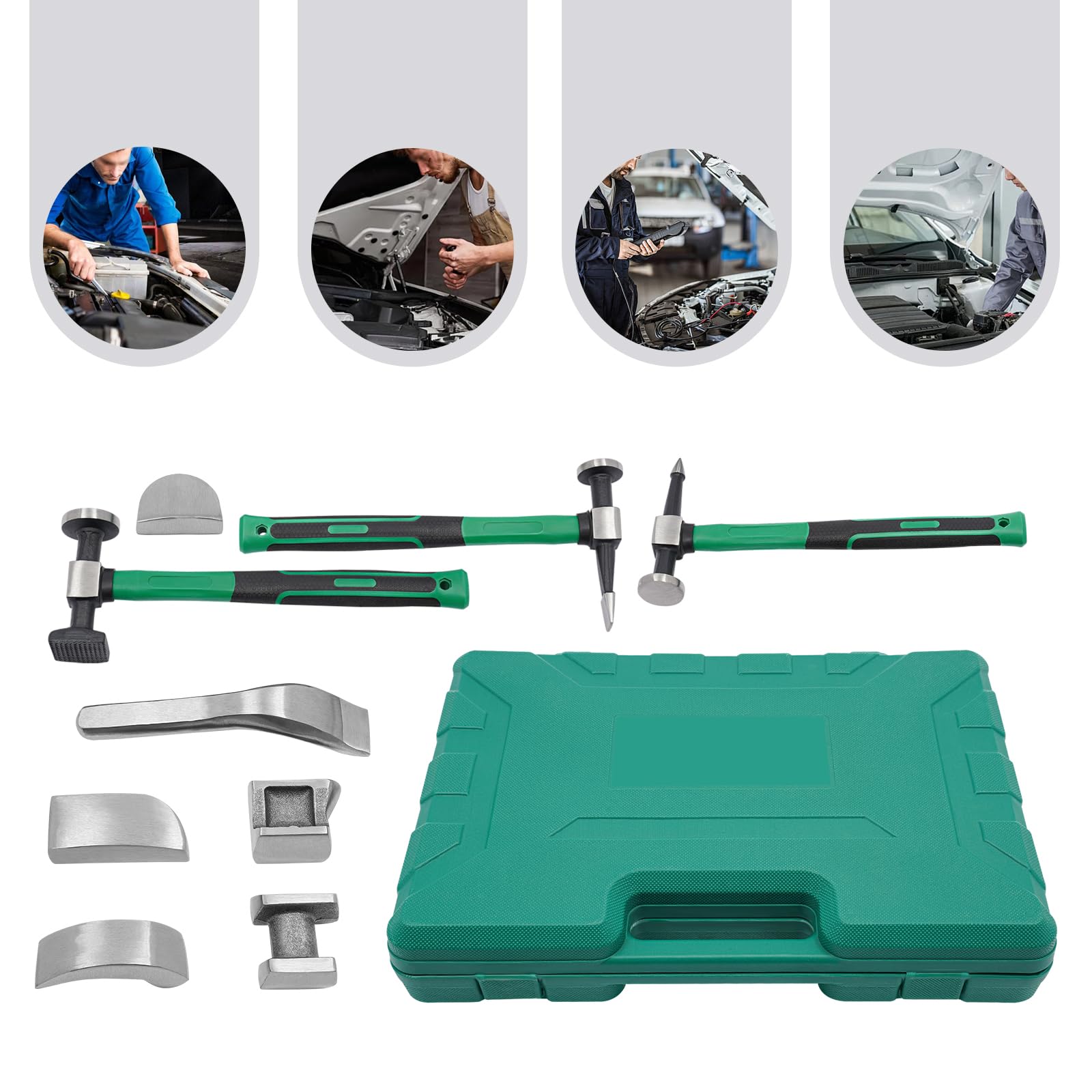 Set di attrezzi per la riparazione delle ammaccature dell'auto, 9 pezzi, con martello e supporto in lamiera, set di riparazione della carrozzeria con cassetta degli attrezzi per auto e moto