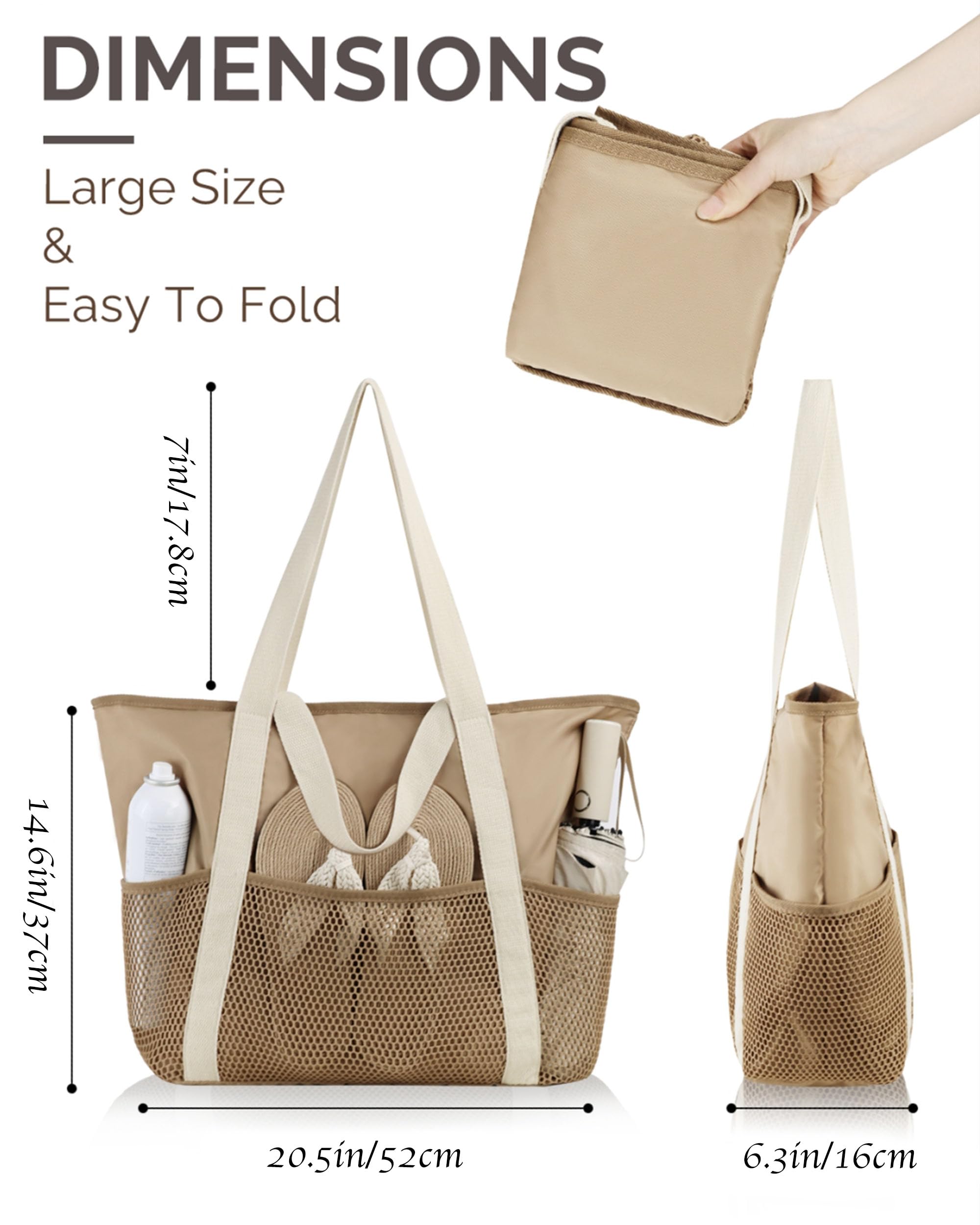 HOMESPON Strandtasche Damen mit Reißverschluss Große Wasserdicht Mesh Badetasche Familie Faltbar Beach Tote Bag Shopper
