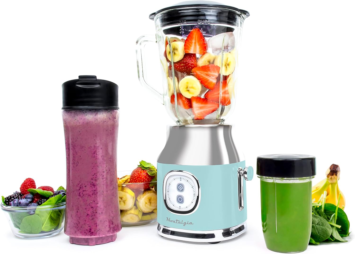 Nostalgia Kool-Aid Slush ‘N Go Personal Blender for Smoothies, Slushies, Shakes, and Fruit Blends, Includes Two 15 Oz Travel Bottles, Cup Lid, and Reusable Straw, Blue