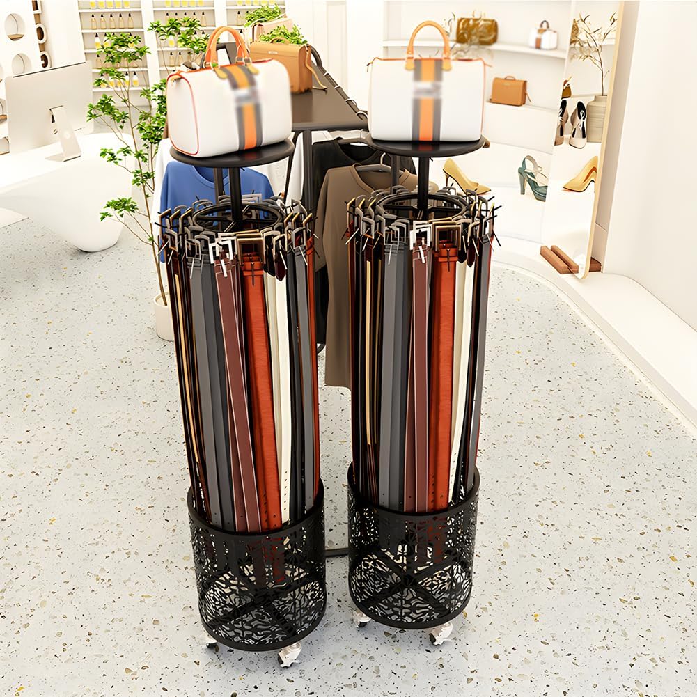 Floor Standing Belt Storage Rack with Wheels, 360° Rotation Metal Rack Hanger Organizer, Multi-Functional Handbag Tie Retail Shelves, Space Saving