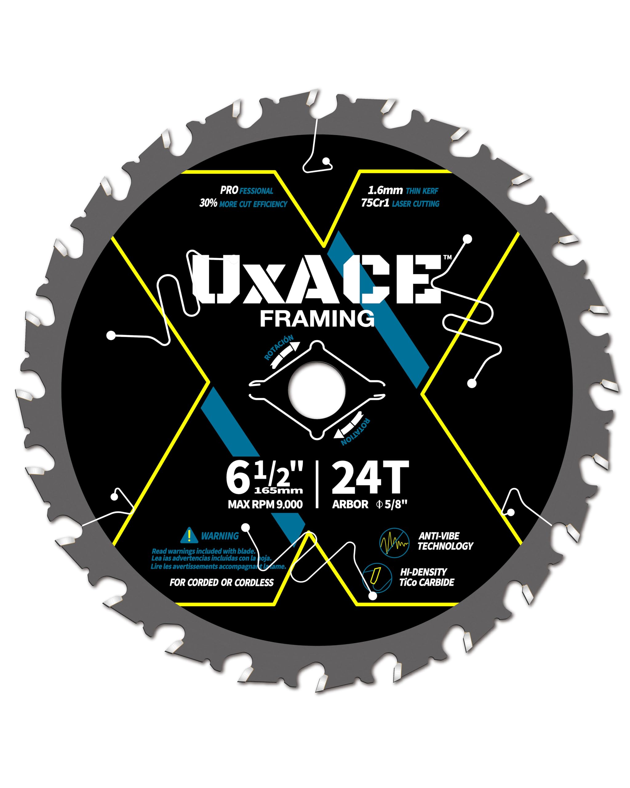 UXACE 6-1/2-Inch 24-Tooth Circular Saw Blade with 5/8-Inch Arbor, Framing Wood Cutting, Carbide Tip, Thin Kerf, for Plywood, MDF, OSB, Laminated