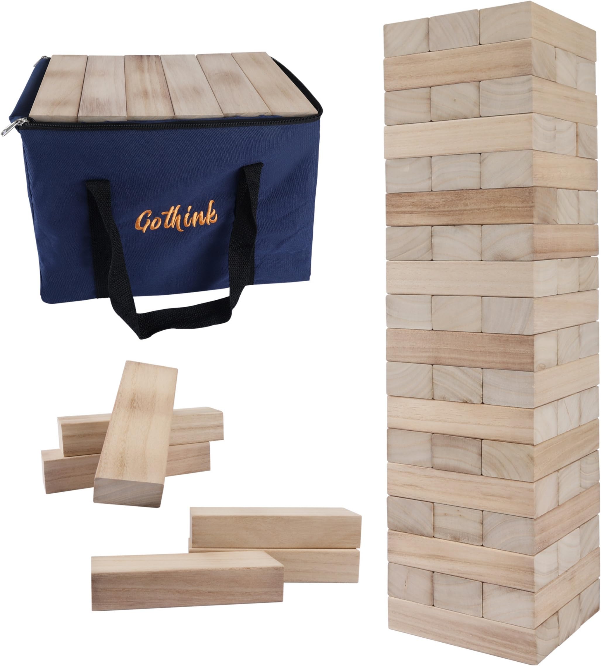 GOTHINK 54pcs Wooden Wobble Tower Game, Tumble Tower Stacking Games up to 1.2 m with Carry Bag, Garden Game Gift for Children Adults Family