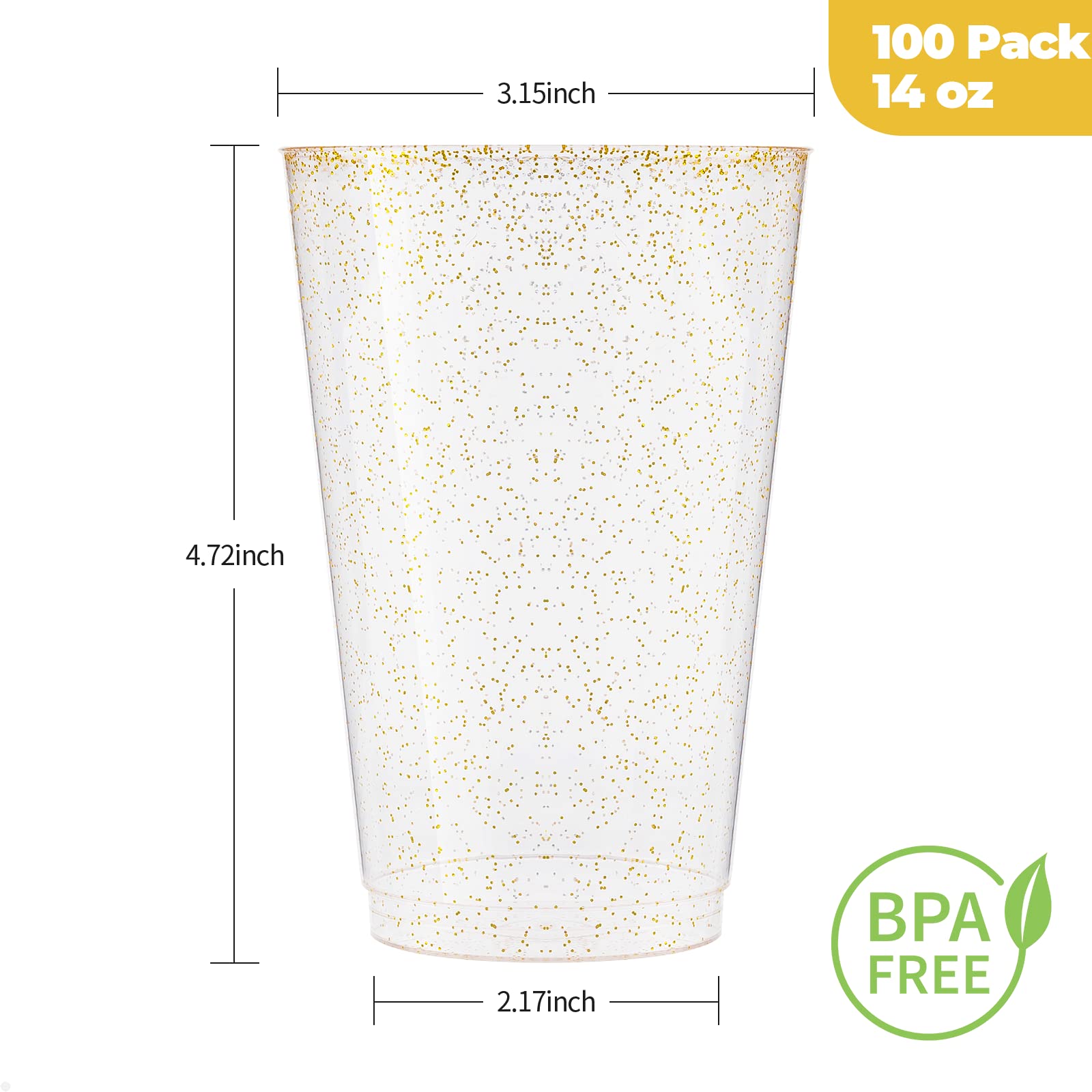 100PCS 14oz Glitter Plastic Cups for Party, Disposable Gold Plastic Cups, Plastic Cocktail Glasses for Wedding Thanksgiving, Christmas, and Parties