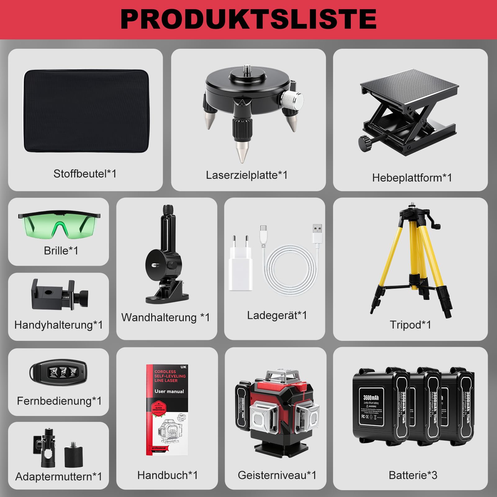 Kreuzlinienlaser Grün 16 Linien Nivellierlaser mit Stativ, 4 x 360 ° Laser Wasserwaage, Baulaser Kreuzlaser Linienlaser mit 3 x 3600mAh Batterie, Selbstnivellierend/APP/Fernbedienung/IP54/Typ C