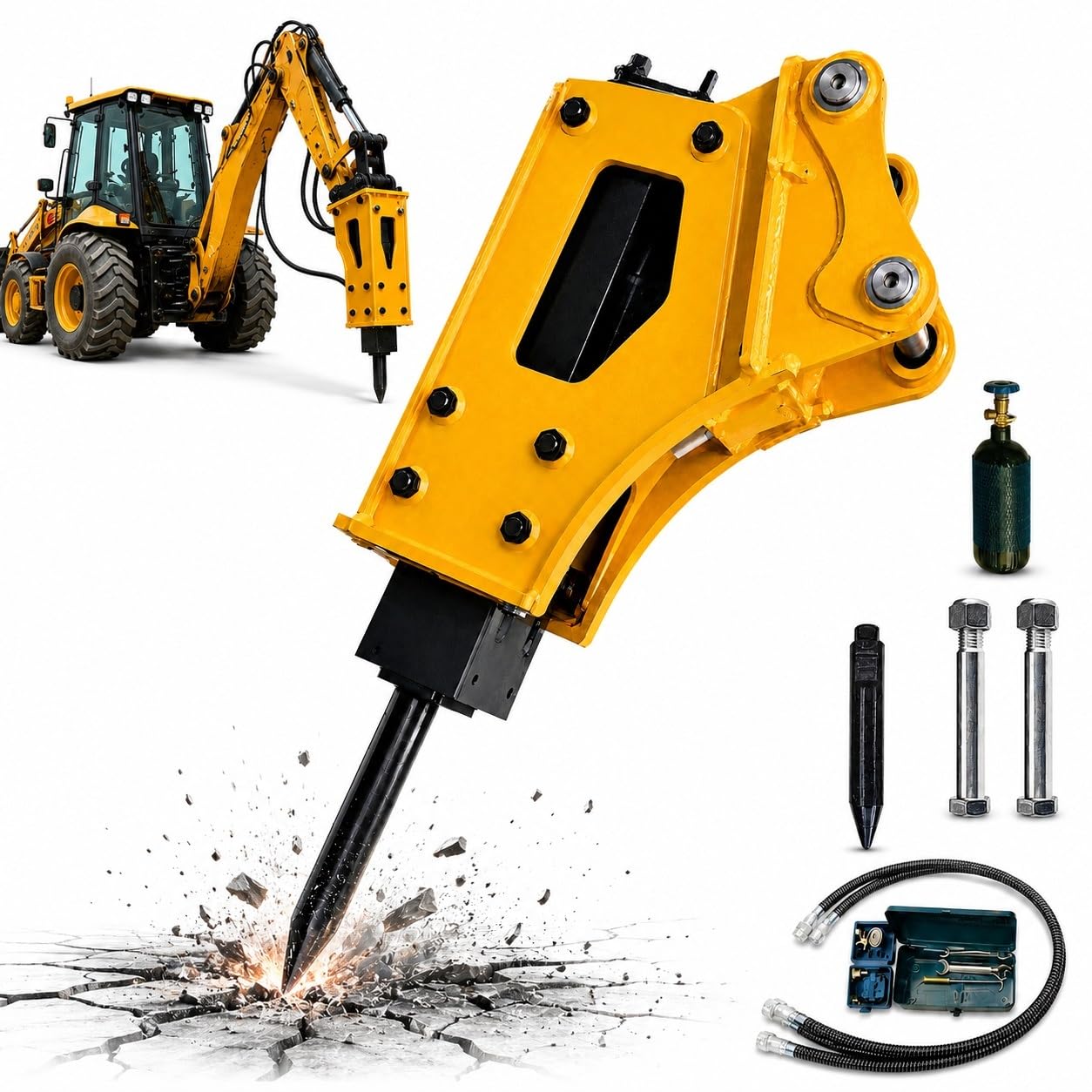 Mini Excavator Hydraulic Breaker with 35mm Chisel, Rock Breaker Attachment for Mini Digger, 80–110 kg/cm² Working Pressure Concrete Demolition Tool for Home and Construction Site Equipment