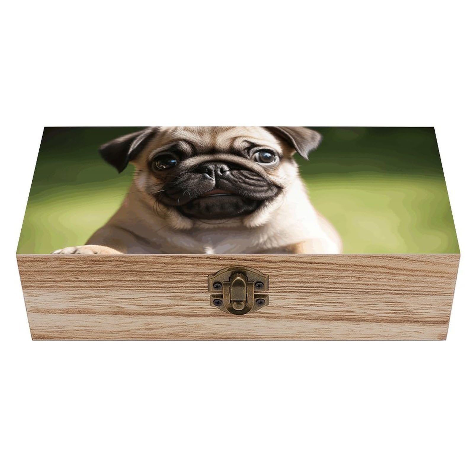 NONHAI Wooden Storage Box Pug Puppies Wood Gift Box with Hinged Lid Vintage Decorative Jewelry Boxes Memory Box for Jewelry Art Hobbies Home Storage Treasure Keepsake Gift 7.9''x3.9''x2.3''