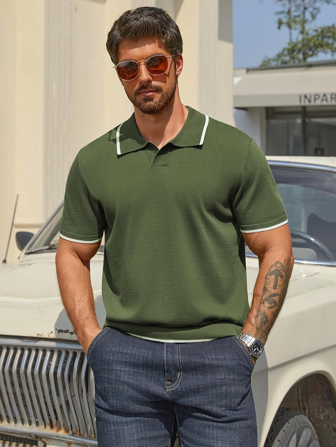 Hardaddy Men's Short Sleeve Knit Polo Shirts V Neck Color Block Lightweight Casual Collared Golf Shirt - Image 5
