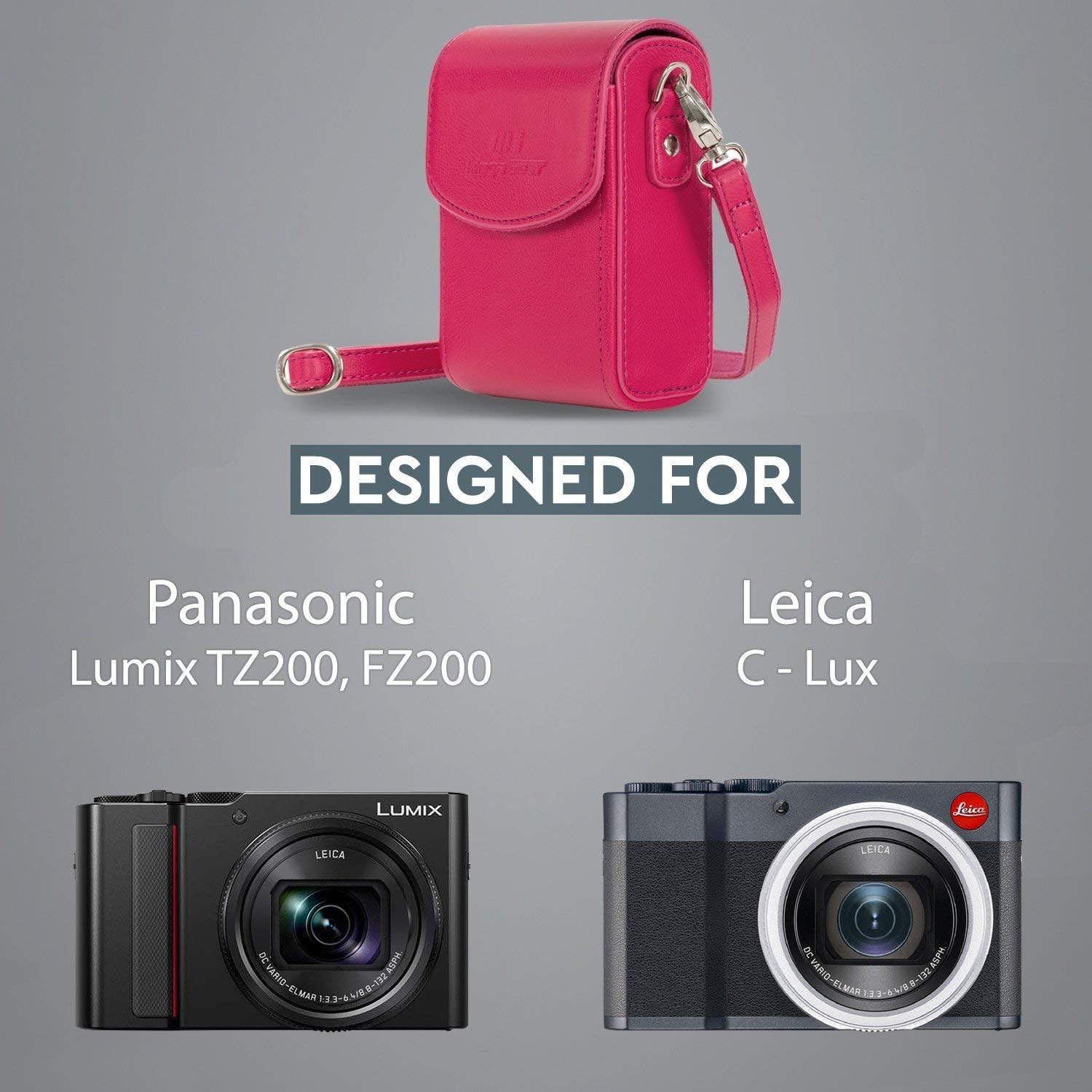 MegaGear Panasonic Lumix DC-ZS200, TZ200, Leica C-Lux Leather Camera Case with Strap - Hot Pink