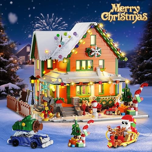 Miniatura 7 de Mini juego de construcción de casa de Navidad con luz, modelo de arquitectura de aldea de nieve navideña, bloque de construcción con trineo de Papá