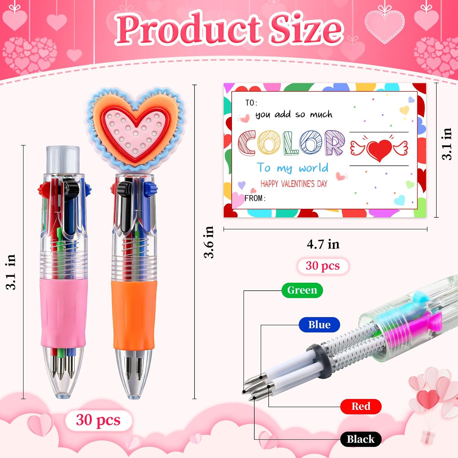 CZWZ 30Pcs Mini Multicolor Pen in One 4-in-1 Cute Pens Bulk for Kids, Ballpoint Pens for Birthdays and Children's Parties, Fun Pens Gifts Assorted Ink Kawaii Pen(Valentine) 30Pcs-Valentine