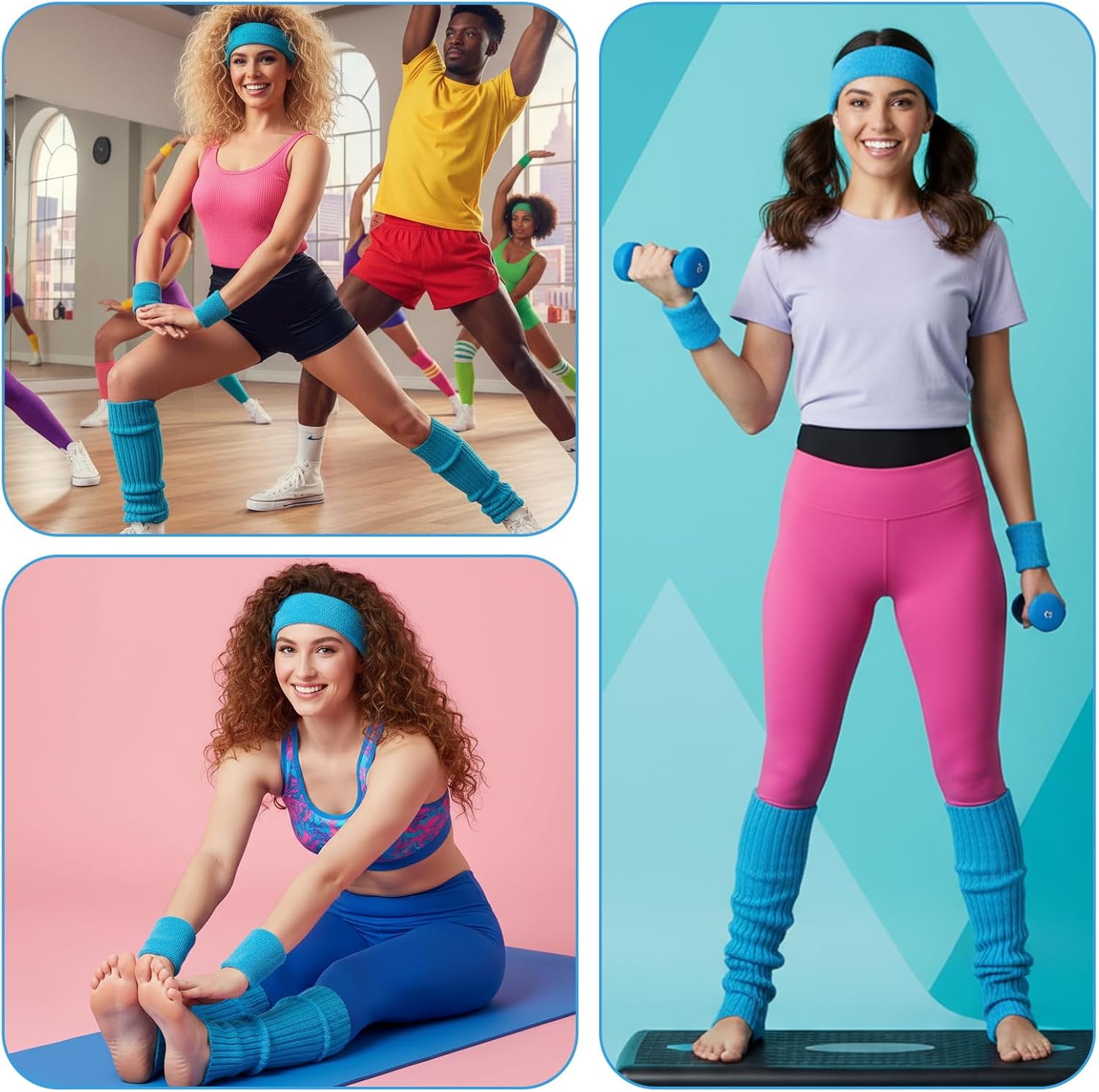 Neon Leg Warmers for Women Headband Wristbands, 90s Blue Leg Warmers Sweatband Set, 80s Workout Outfit for Women Girls Athletic Sports Yoga(Blue) - Image 7