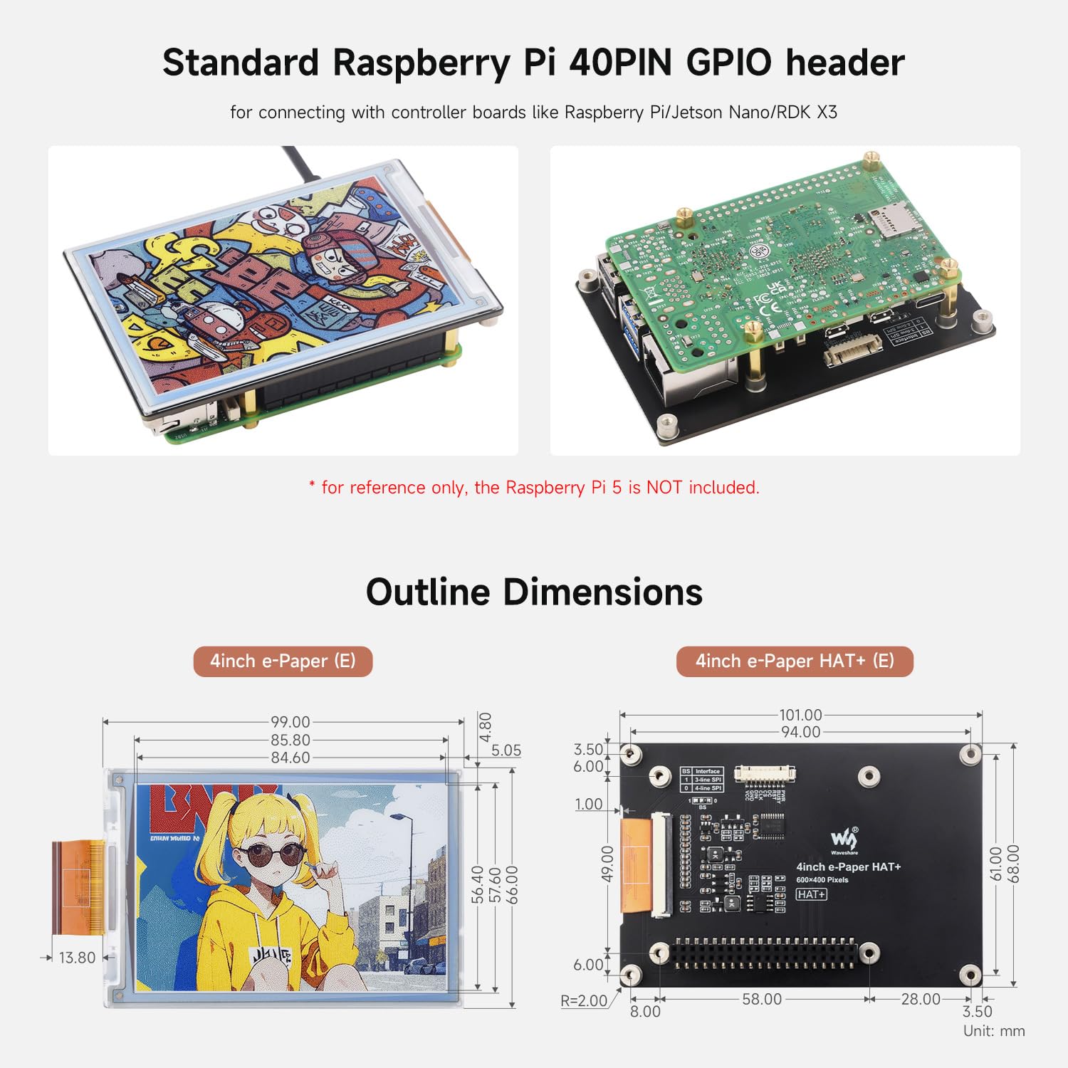 Waveshare 4inch e-Paper E6(Spectra 6) Full-Color Supports Hat+Standard e-Ink Screen Module 600 x 400 Pixels SPI Communication, Low Power Consumption, Wide Viewing Angle