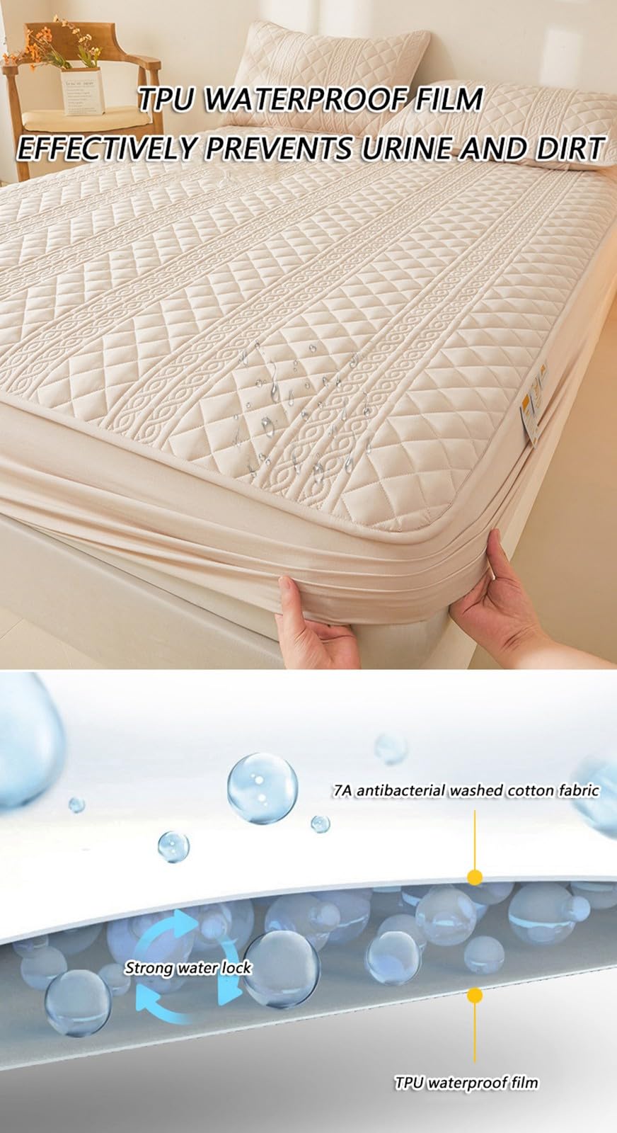 Matratzenschoner mit 2 Kissenbezügen,Wasserdichter Gesteppter Matratzenschoner,Maschinen Waschbar Spannbettlaken mit Tiefen Taschen Vier Jahreszeiten(MilkCoffee,180x220cm)