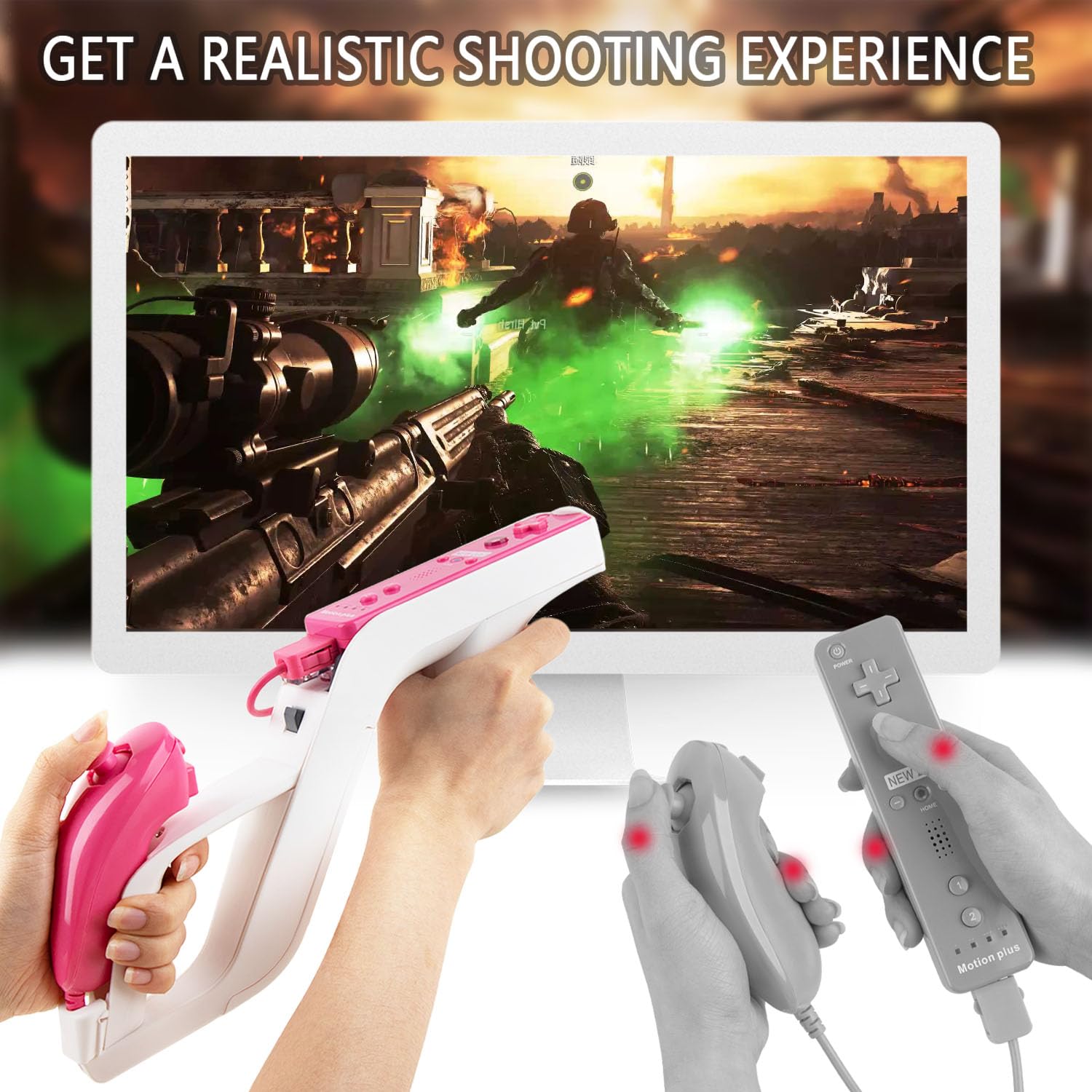 LongLongJin 2 Racing wii Steering Wheels And 2 wii Zapper Gun Controller Premium Wii Accessories, Compatible With Nintendo Wii U Remote and Nunchuck Games(White) - Image 6