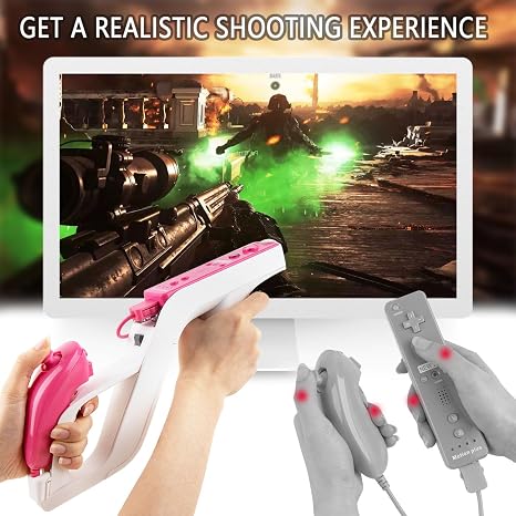LongLongJin 2 Racing wii Steering Wheels And 2 wii Zapper Gun Controller Premium Accessories, Compatible With Nintendo Wii U Remote and Nunchuck Games(White)