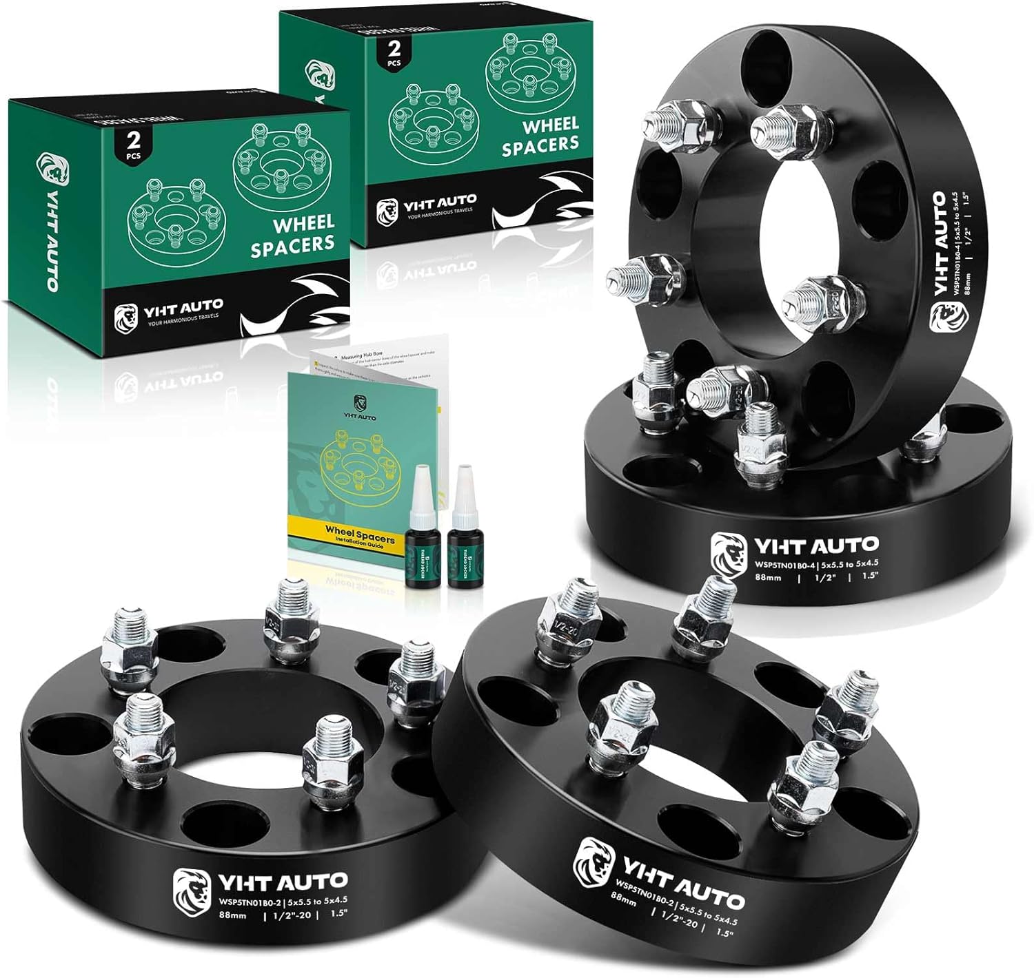 YHTAUTO 5×5.5 to 5×4.5 Wheel Adapters 1.5 inch Fits Ram 1500 1994-2001 & Ford F-150 Bronco 1992-1996, E-150 Econoline 1992-2006, 5 Lug Forged Tire Spacers 1/2″-20 & 12.9 Studs, 88mm Center Bore, 4PCS