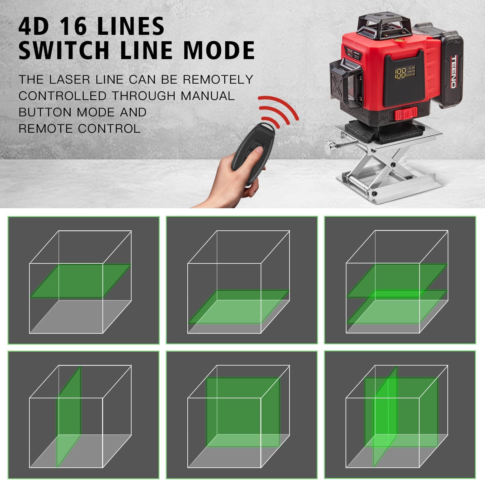 TEENO Rotatif Niveau Laser 360°x4,4D 16 Line Verte, Batterie Rechargeable 4800 mAh x 2, Niveaux Laser avec Télécommande et Trépied, avec Affichage Numérique LCD