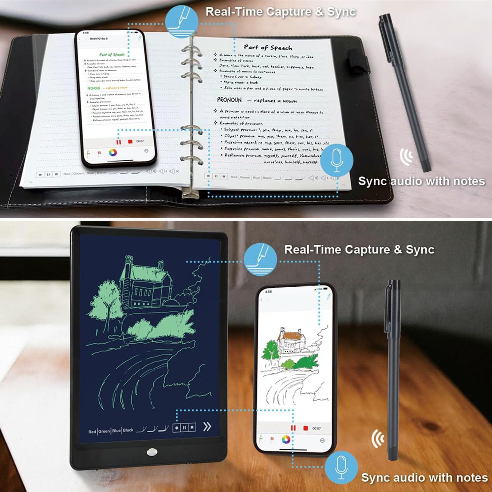 Jectse Ensemble de Stylo Intelligent Numérique et Tableau D'écriture, Stylo Intelligent pour la Prise de Notes, Synchronisation en Temps Réel pour Numériser, Convertir en Texte, pour