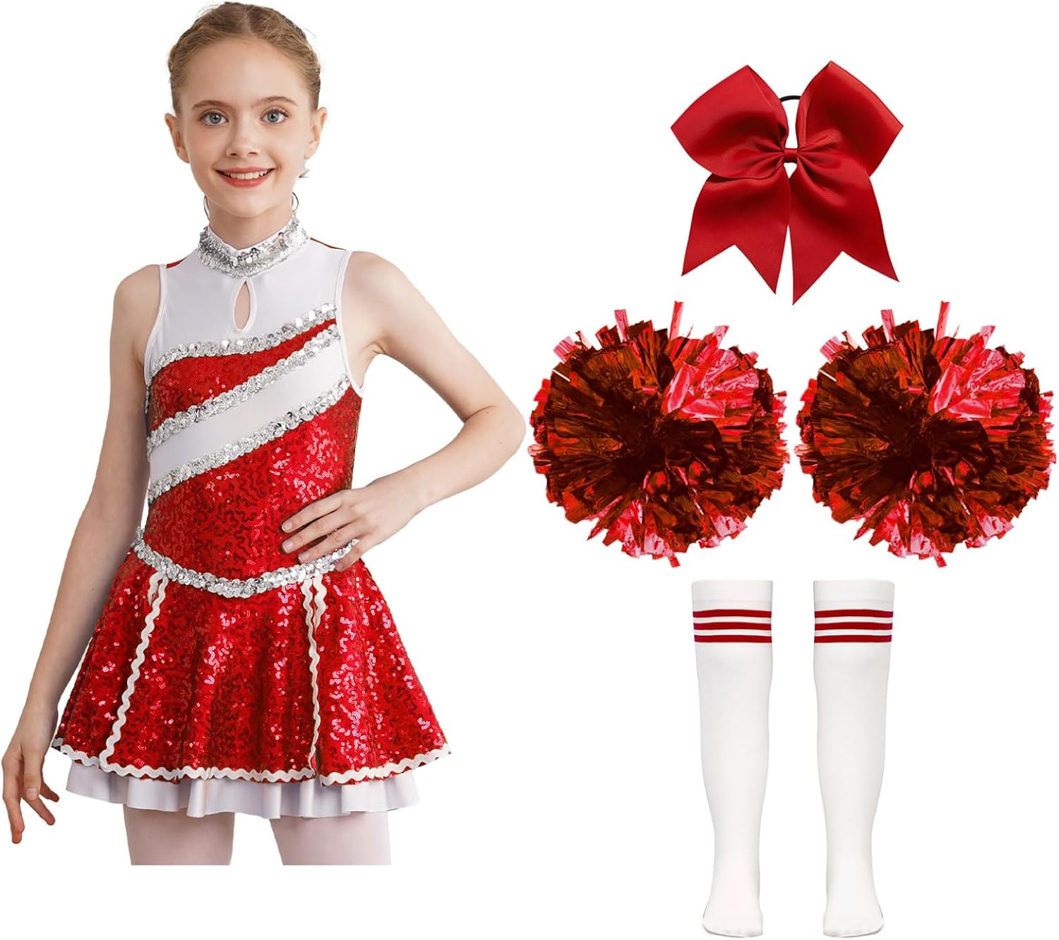 Linjinx Kids Girls Cheerleading Sequins Dance Dress with Pom Poms Stocking Hair Tie Cheer Leader
