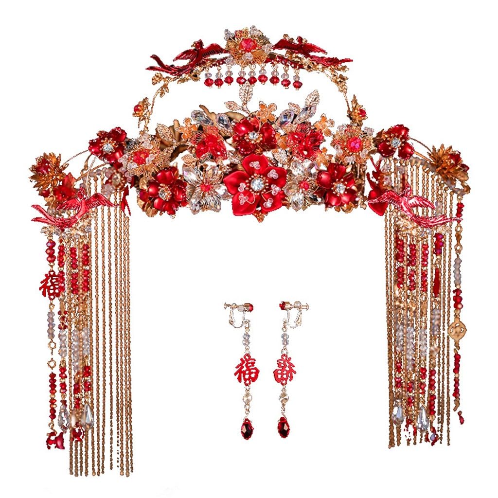 Xiuhe Tiara Bridal Chinese Red Phoenix Crown Tassel Step Hair Ornaments Female Clothing Accessories