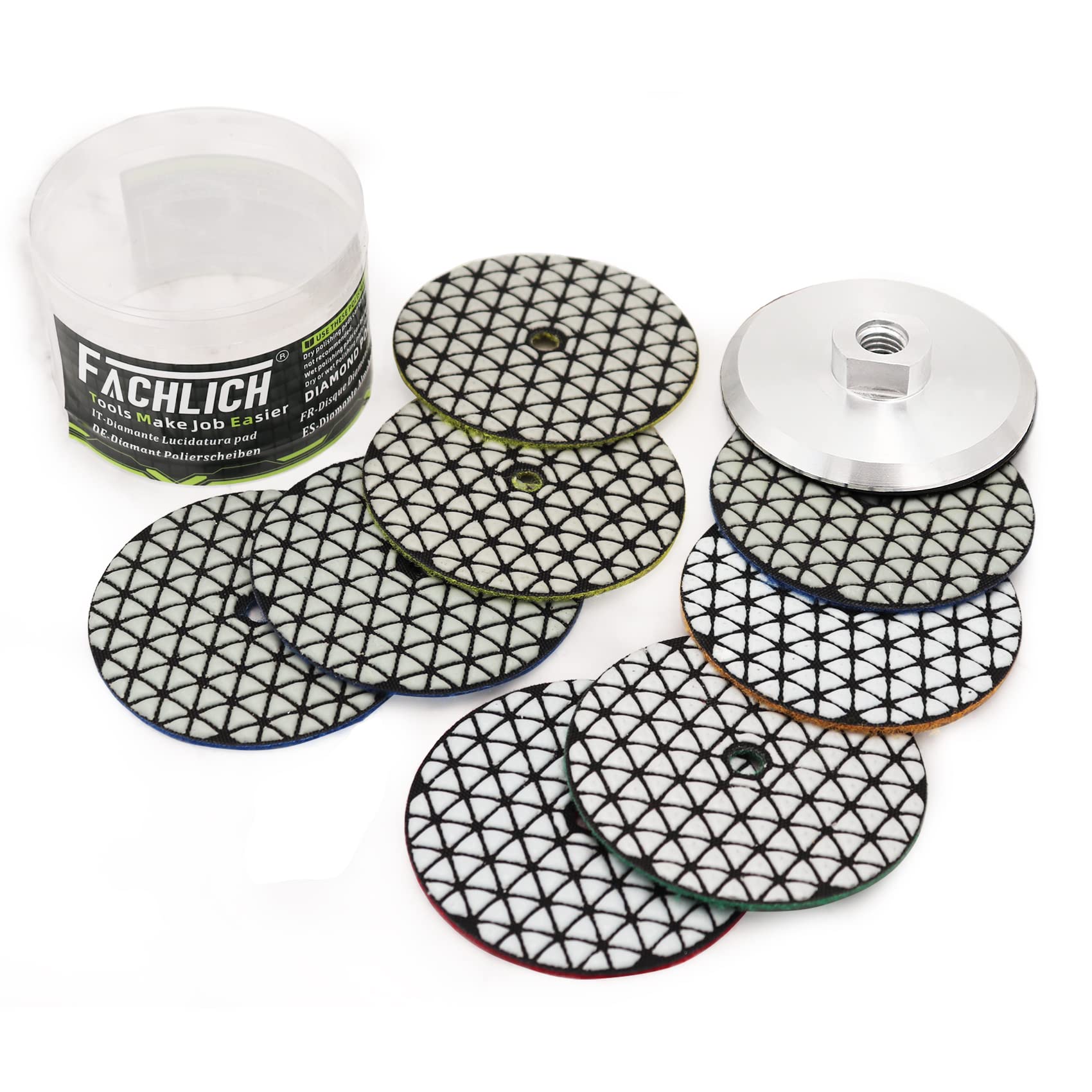Tamponi per lucidatura diamantati a secco, 9 pezzi/kit 100 mm grana mista 3x50,2x100,1x200,1x400,1x800 e 1 pezzo supporto a base di alluminio per granito, marmo, pietra di quarzo