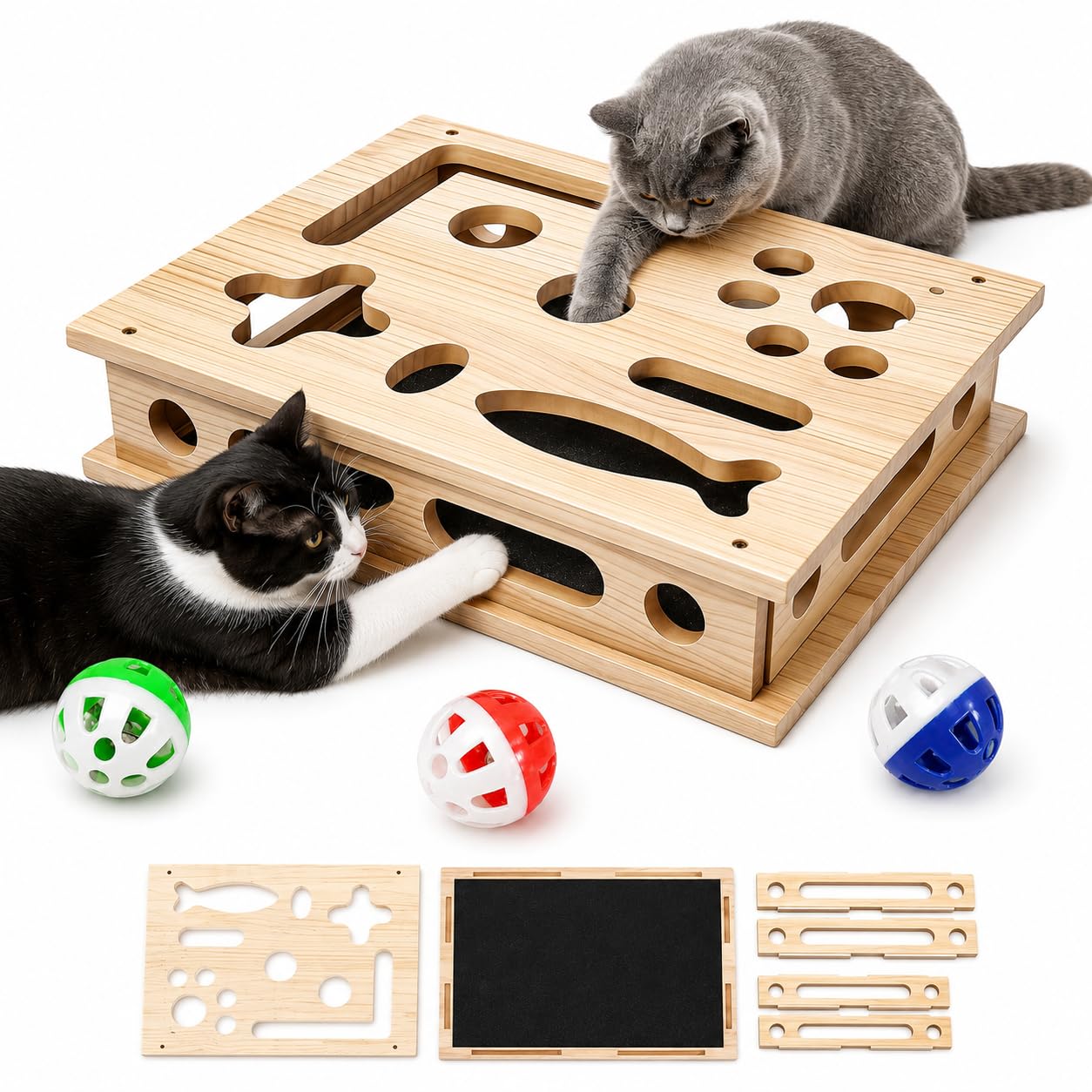 Boîte d'Enrichissement pour Chat, Boîte à griffer en Bois pour Chat, Grand Jouet d'enrichissement, 39 x 30 cm, Jouet Chat Interieur en Bois avec Lime à Ongles, Papier de Verre et 3 balles