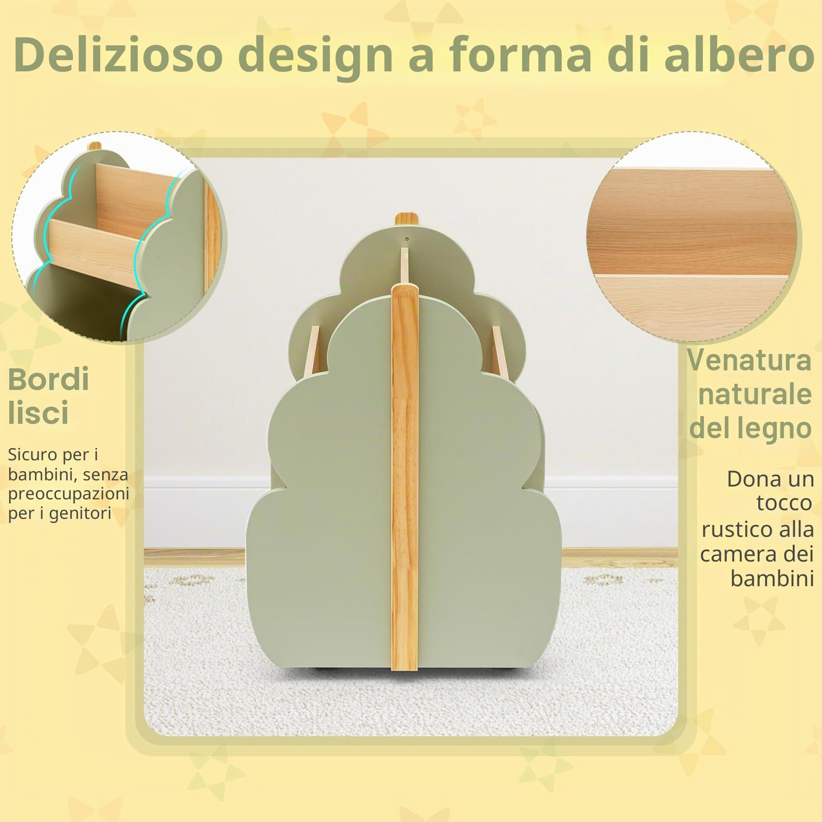 HOMASIS Libreria Montessoriana per Bambini con 2 Scomparti, Scaffale per Bambini in Legno con 4 Ruote, Cassapanca Portaoggetti per Camera dei Bambini, Sala Giochi e Asilo (Verde)