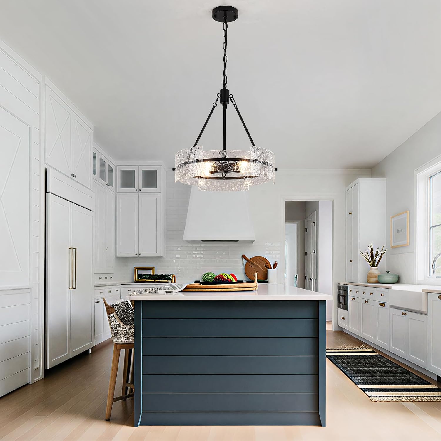 Modern Black Chandeliers for Dining Room Light Fixture 16.54” Drum Glass Chandelier 4 Light Farmhouse Pendant Lights Kitchen Island Round Hanging Lighting for Entryway Foyer Hallway Bedroom