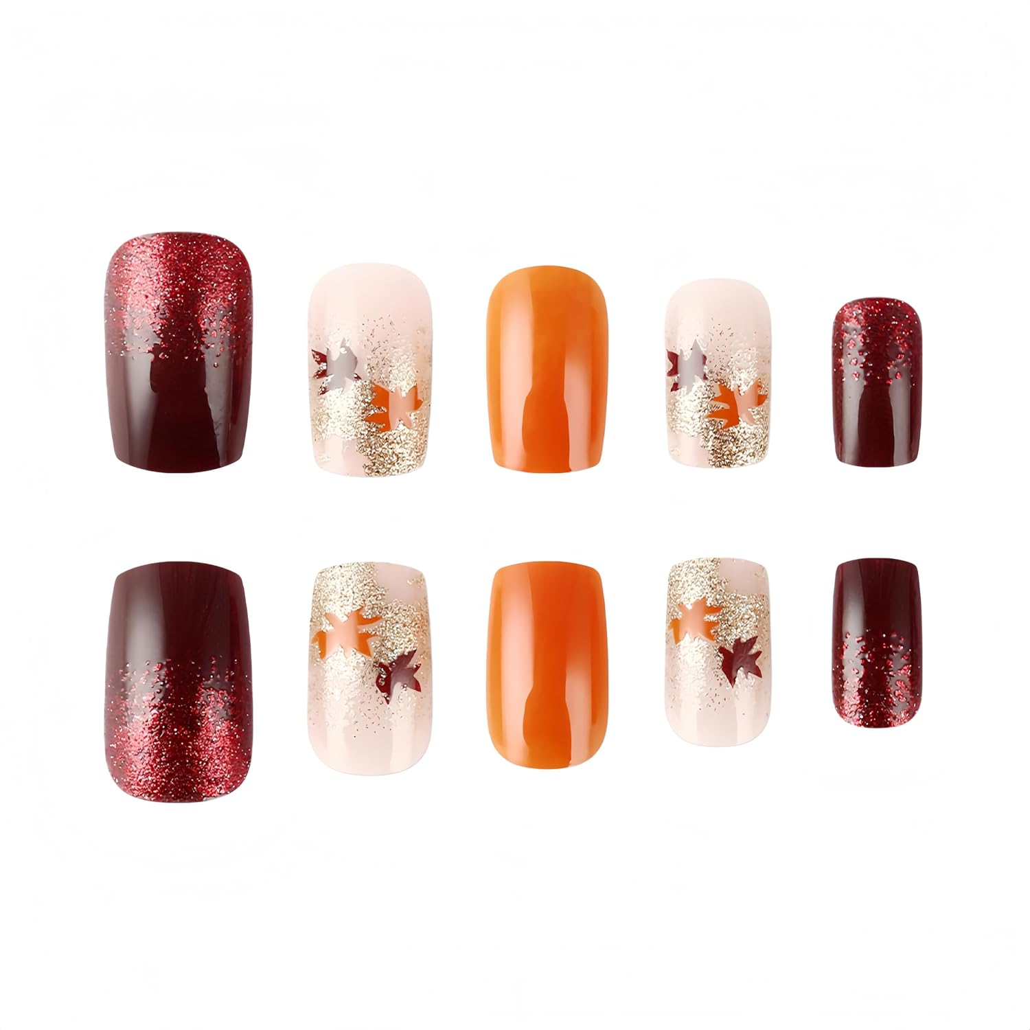 24Pcs Fall Maple Leaf Press On Nails Medium Square French Tip Fake Nails Checked Thanksgiving False Nails Glitter French Glue on Nails Leaves Artificial Nails for Women Holiday Manicure Decorations