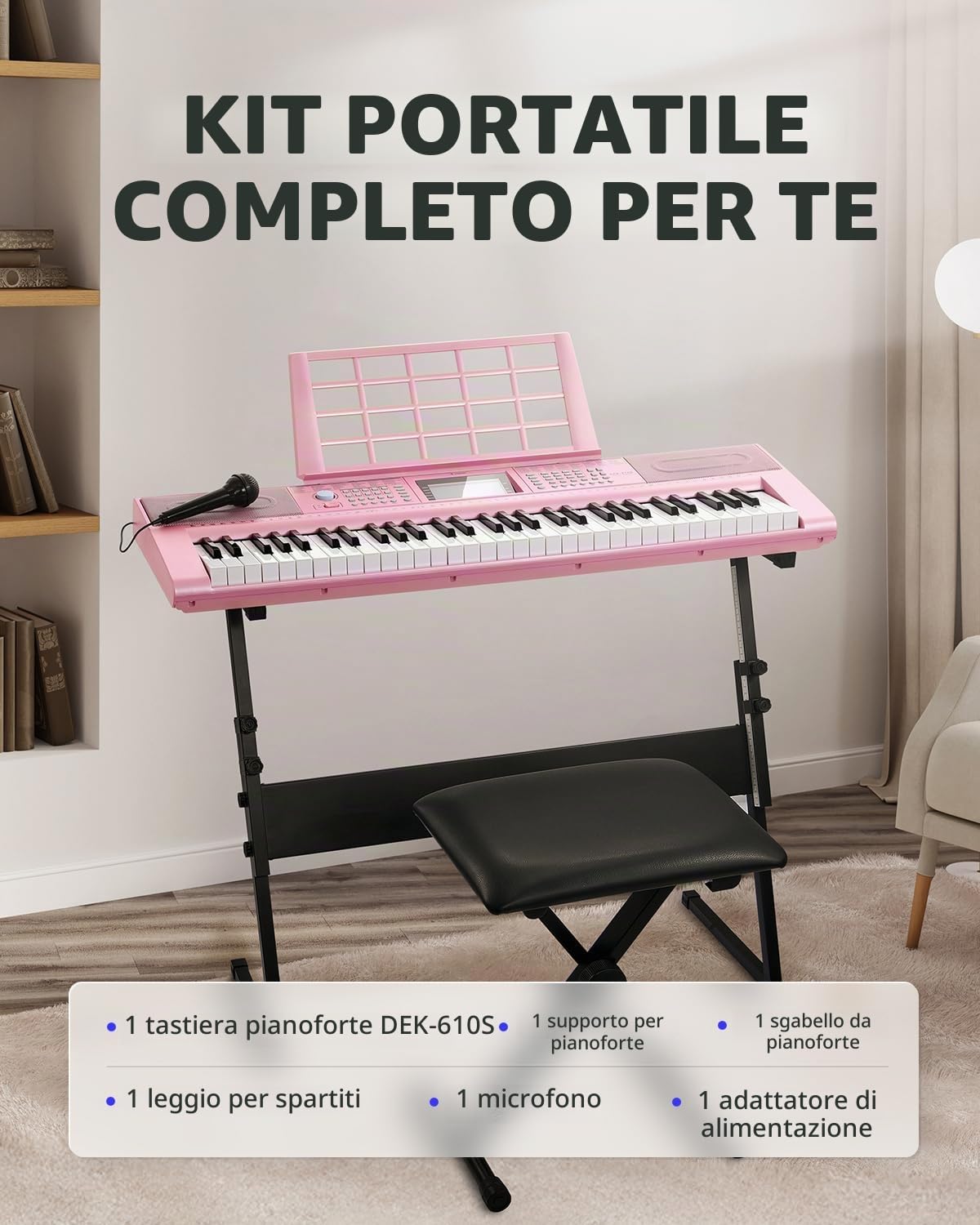 Donner DEK-610S 61 Key Electronic Piano Pink Set (including piano stand, stool, microphone) EU