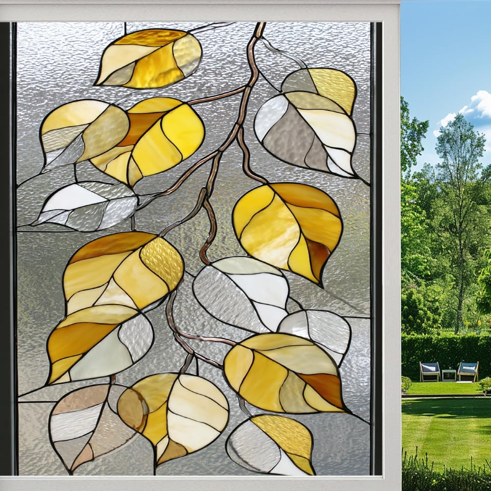 Pmlbaous Colorful Leaves Stained Glass Window Film, Natural Leaf Plants Peel And Stick Privacy Film, Frosted Adhesive Vinyl Decorative For Bathroom Windows Glass Doors, （80X120cm）